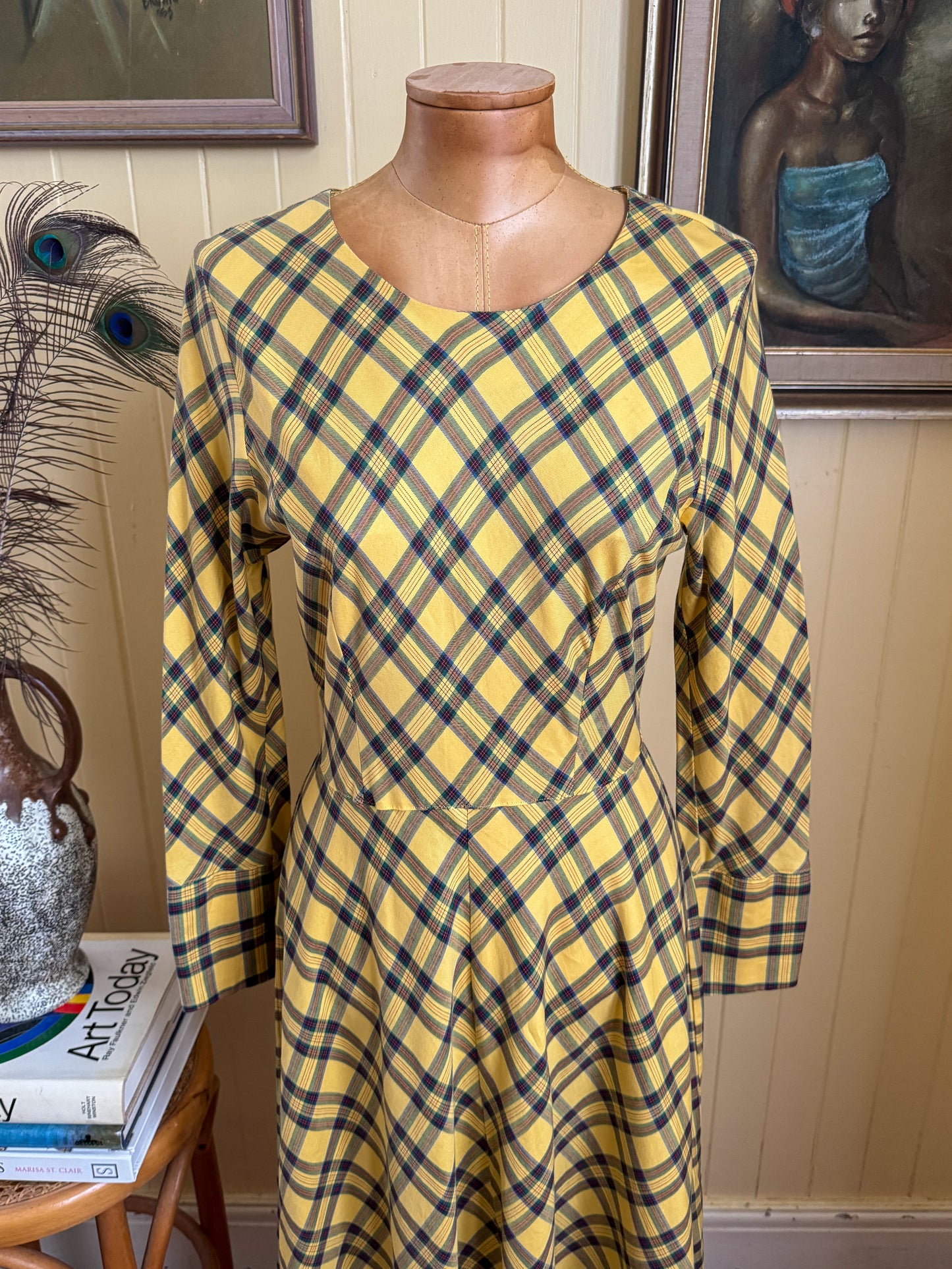 VINTAGE 1980S NORMA KAMALI JAPANESE COTTON PLAID MIDI DRESS S