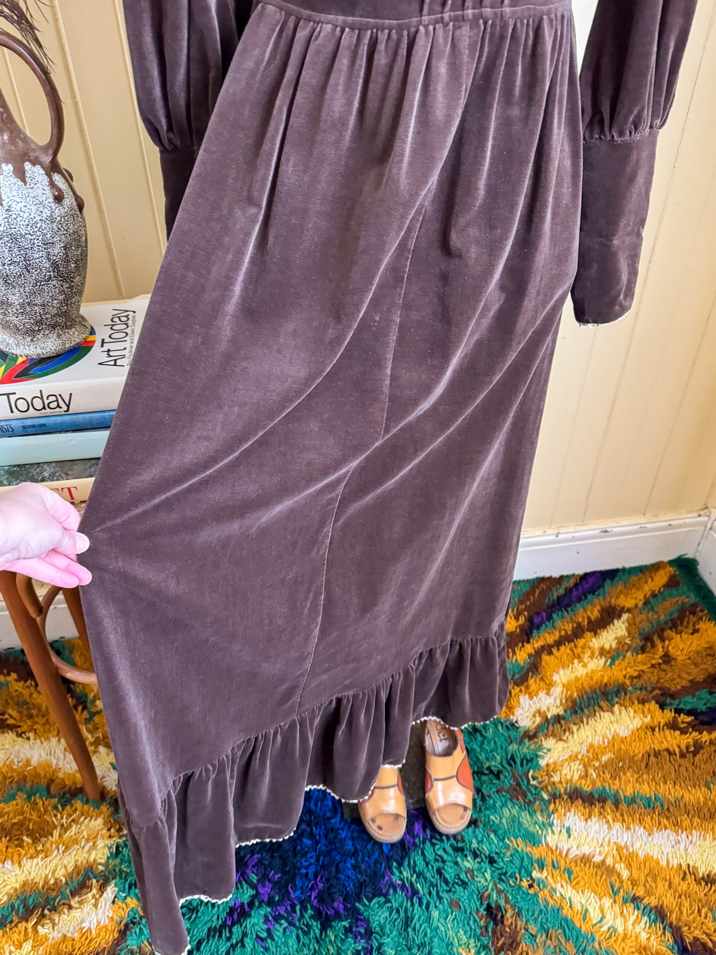 VINTAGE 1970S BINDI OF MELBOURNE COTTON VELVET MAXI VICTORIANA PRAIRIE DRESS XS/S
