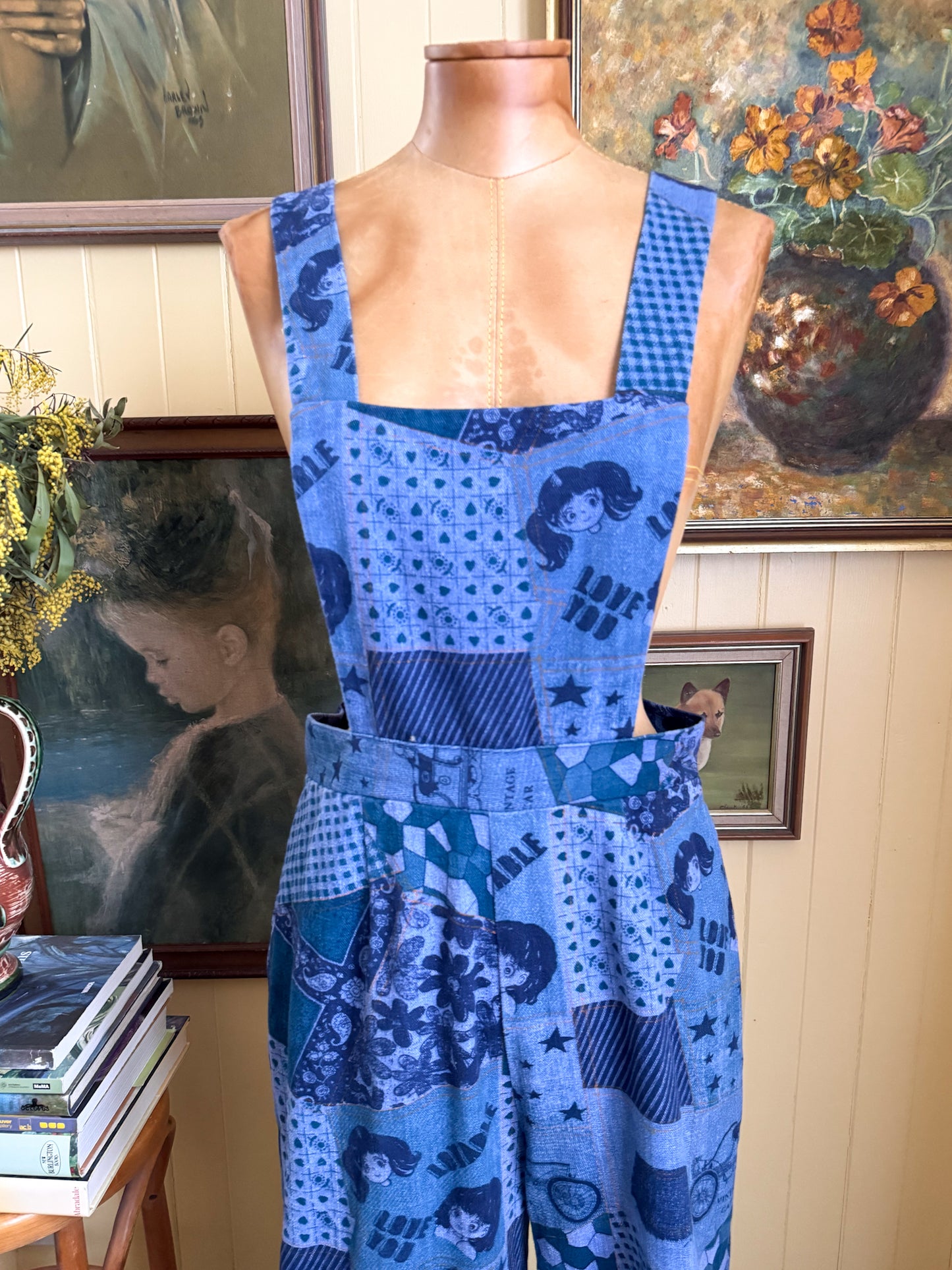 VINTAGE 1970S TRIKKELS COTTON DENIM NOVELTY PRINT WIDE LEG DUNGAREES OVERALLS S/M