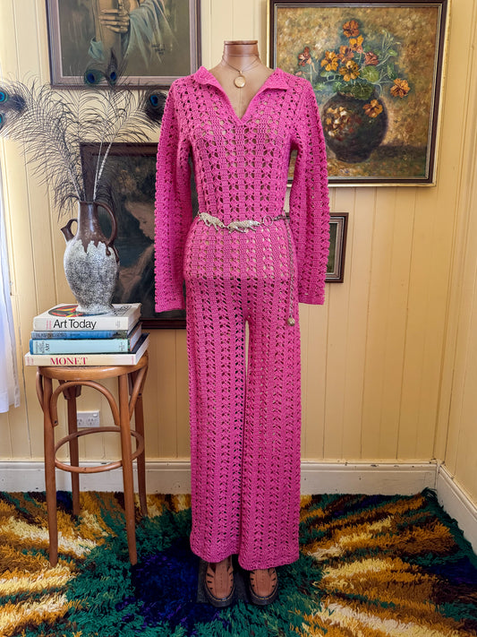 VINTAGE 1970S HANDMADE PINK WOOL/COTTON CROCHET LUREX JUMPSUIT S