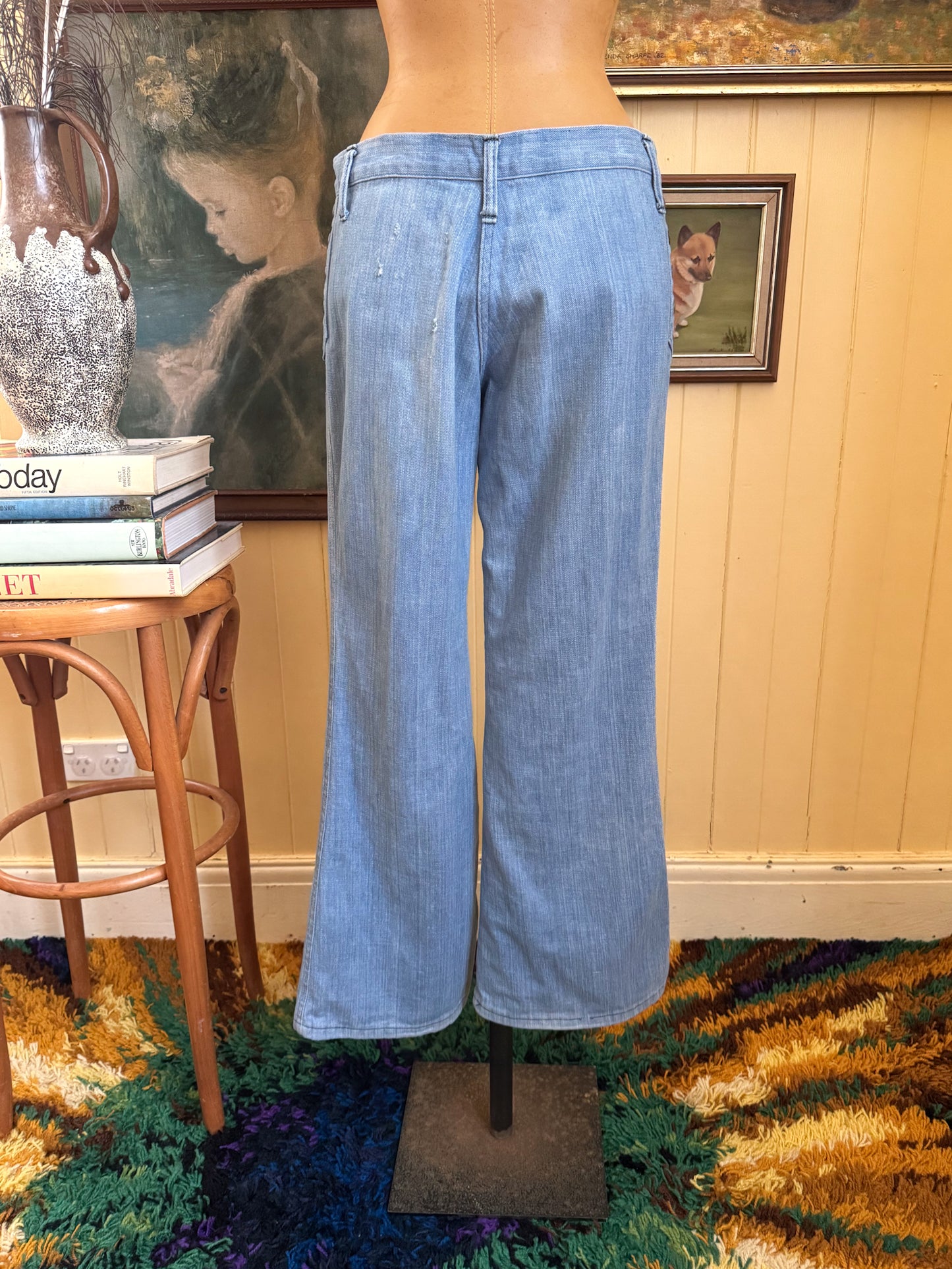 VINTAGE 1970S AMERICAN LOW RISE ZIP THROUGH STUDDED CROPPED DENIM JEANS S