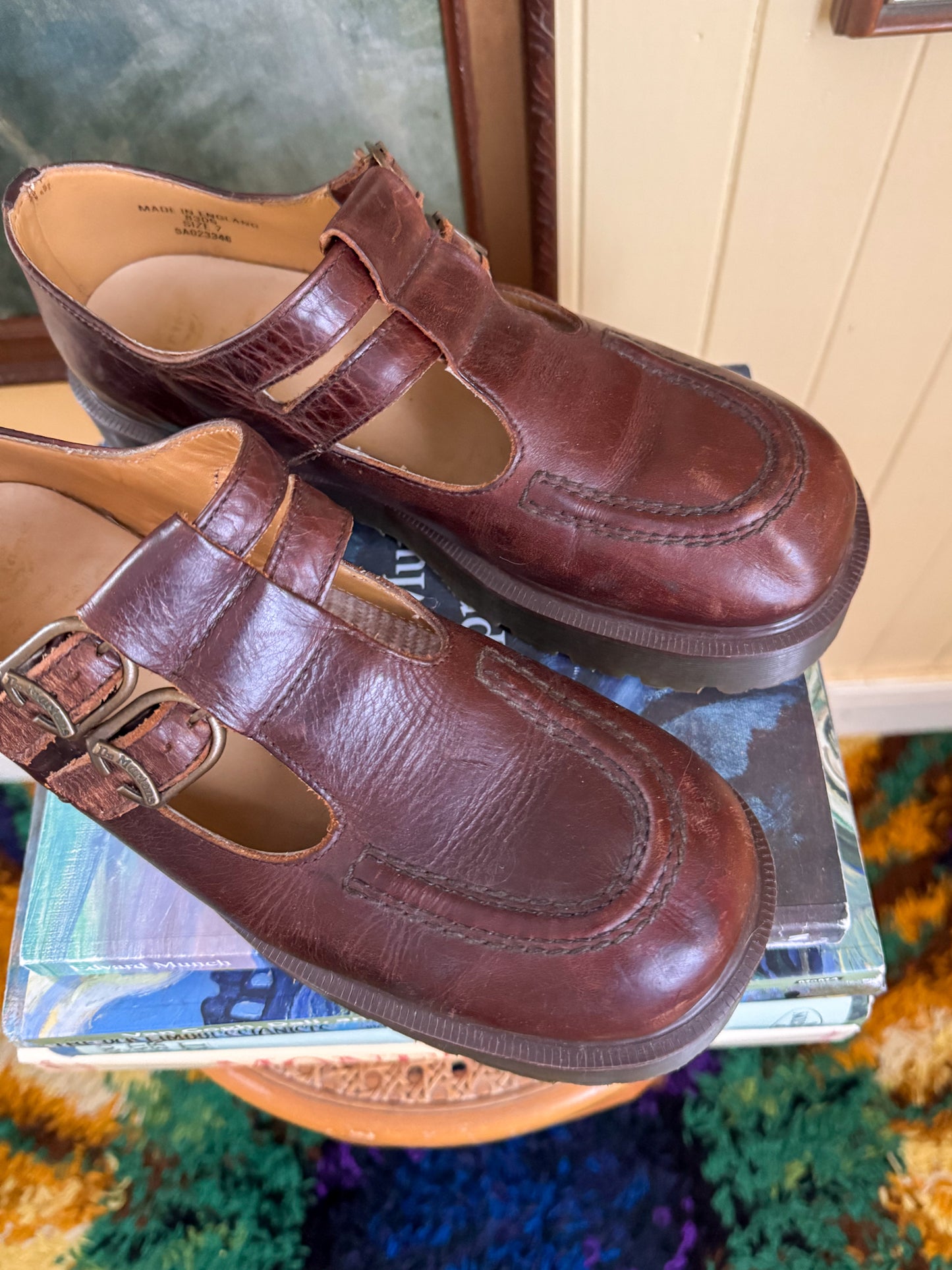 VINTAGE 1990S RARE DR DOC MARTENS DOUBLE STRAP CHESTNUT BROWN LEATHER HEELED MARY JANES 9.5/40.5