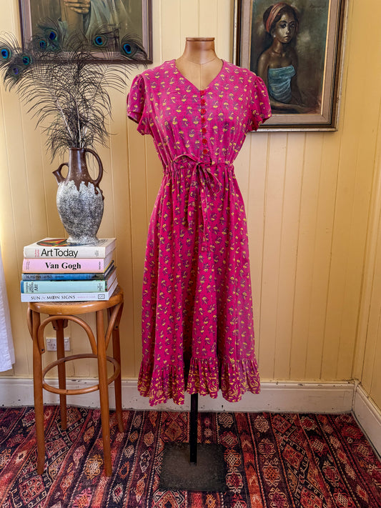 VINTAGE 1970S INDIAN COTTON BLOCK PRINT MIDI DAY DRESS S/M