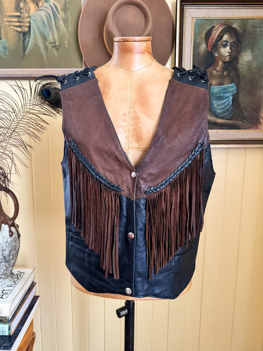 VINTAGE 1980S ANTELOPE CREEK LEATHER FRINGED WESTERN BIKER VEST L