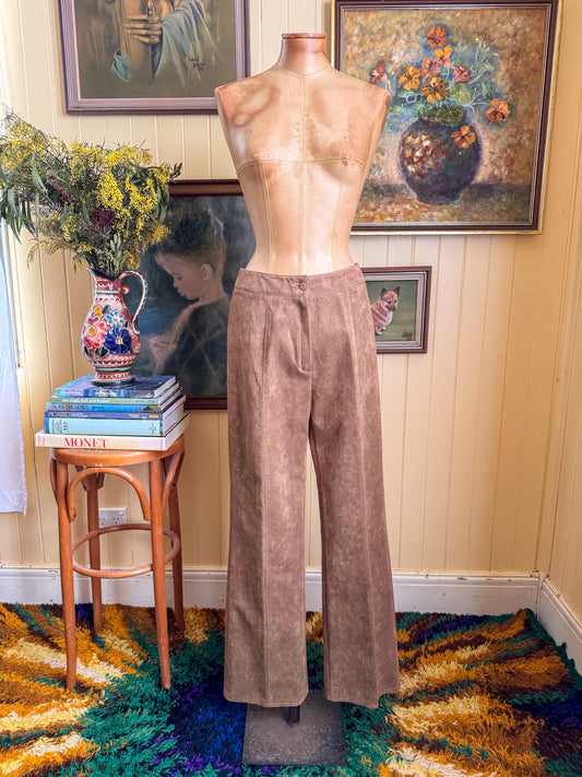 VINTAGE 1970S TULLO FAUX SUEDE HIGH WAISTED FLARED PANTS S