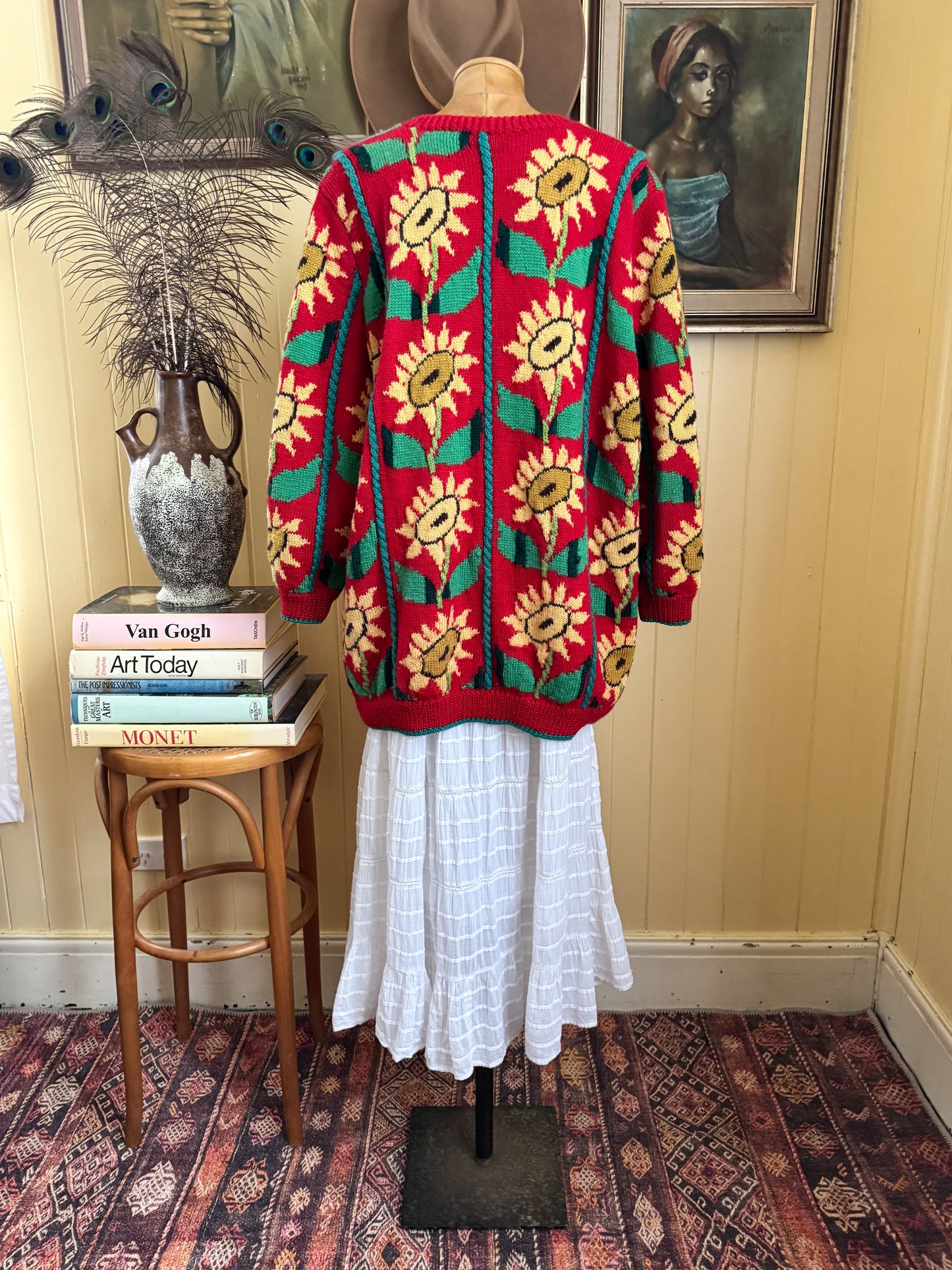 VINTAGE HAND KNITTED ACRYLIC SUNFLOWER MOTIF OVERSIZED CARDIGAN L/XL