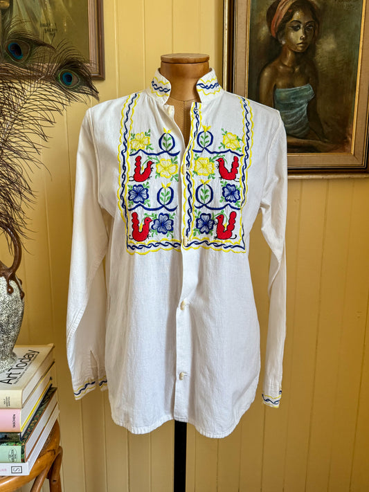 VINTAGE 1970S MEXICAN COTTON EMBROIDERED BUTTON THROUGH SHIRT M