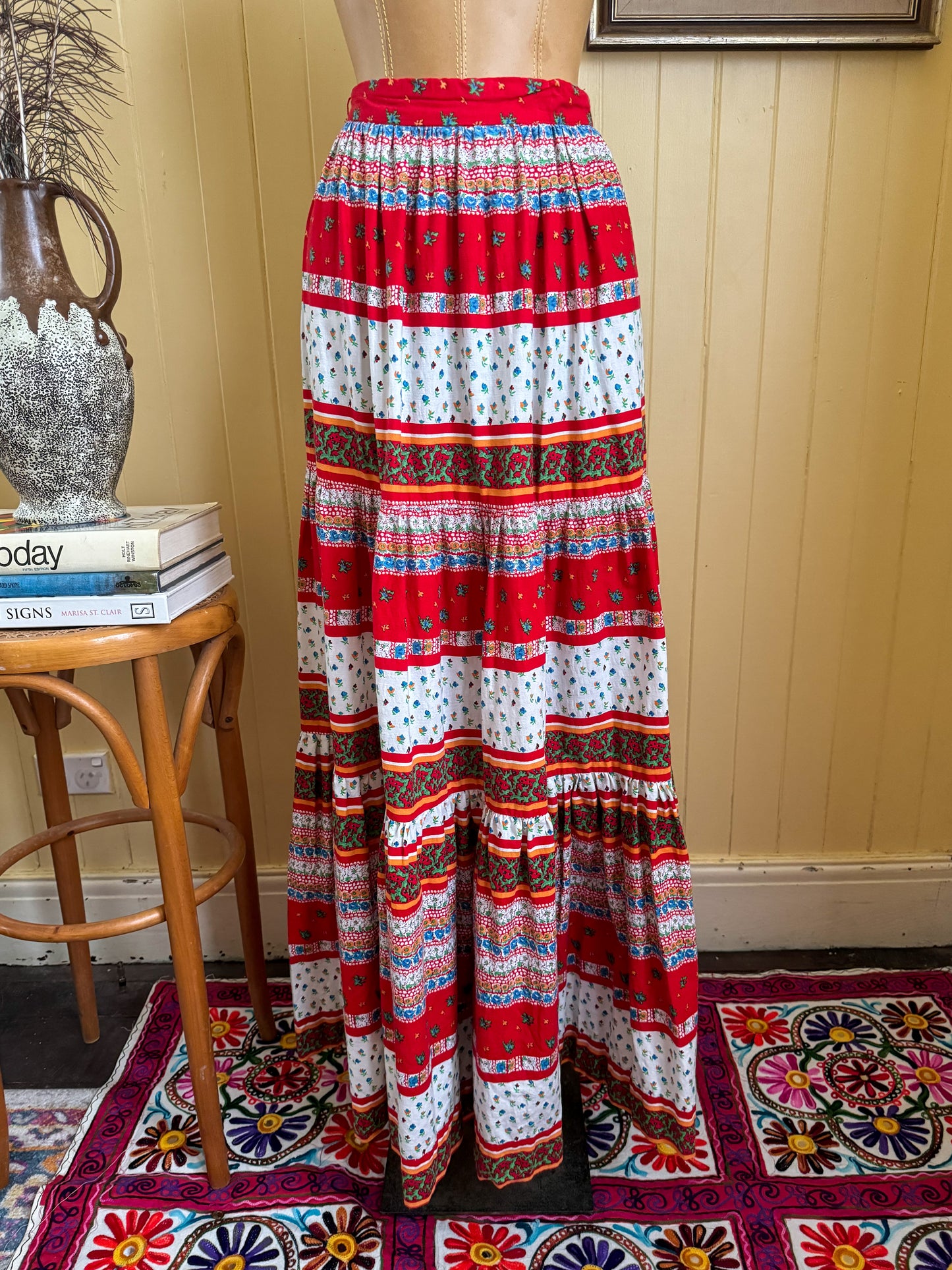 VINTAGE 1970S COTTON MIXED PRINT TIERED PEASANT MAXI SKIRT M