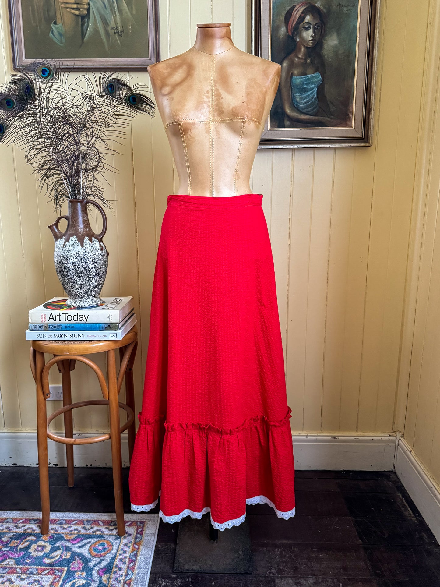 VINTAGE 1970S SALLY BROWNE SEERSUCKER COTTON MAXI SKIRT S