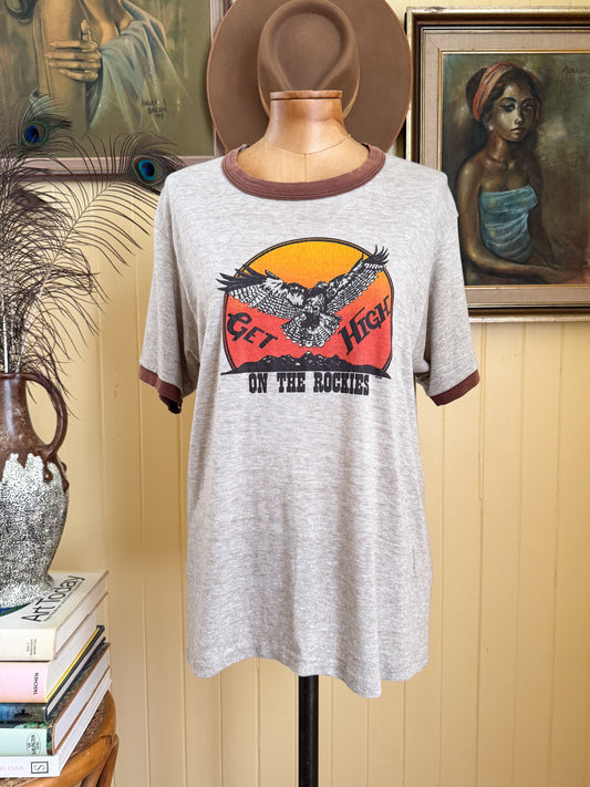 VINTAGE 1980S AMERICAN ROCKIES PRINT SINGLE STITCH RINGER TSHIRT M/L