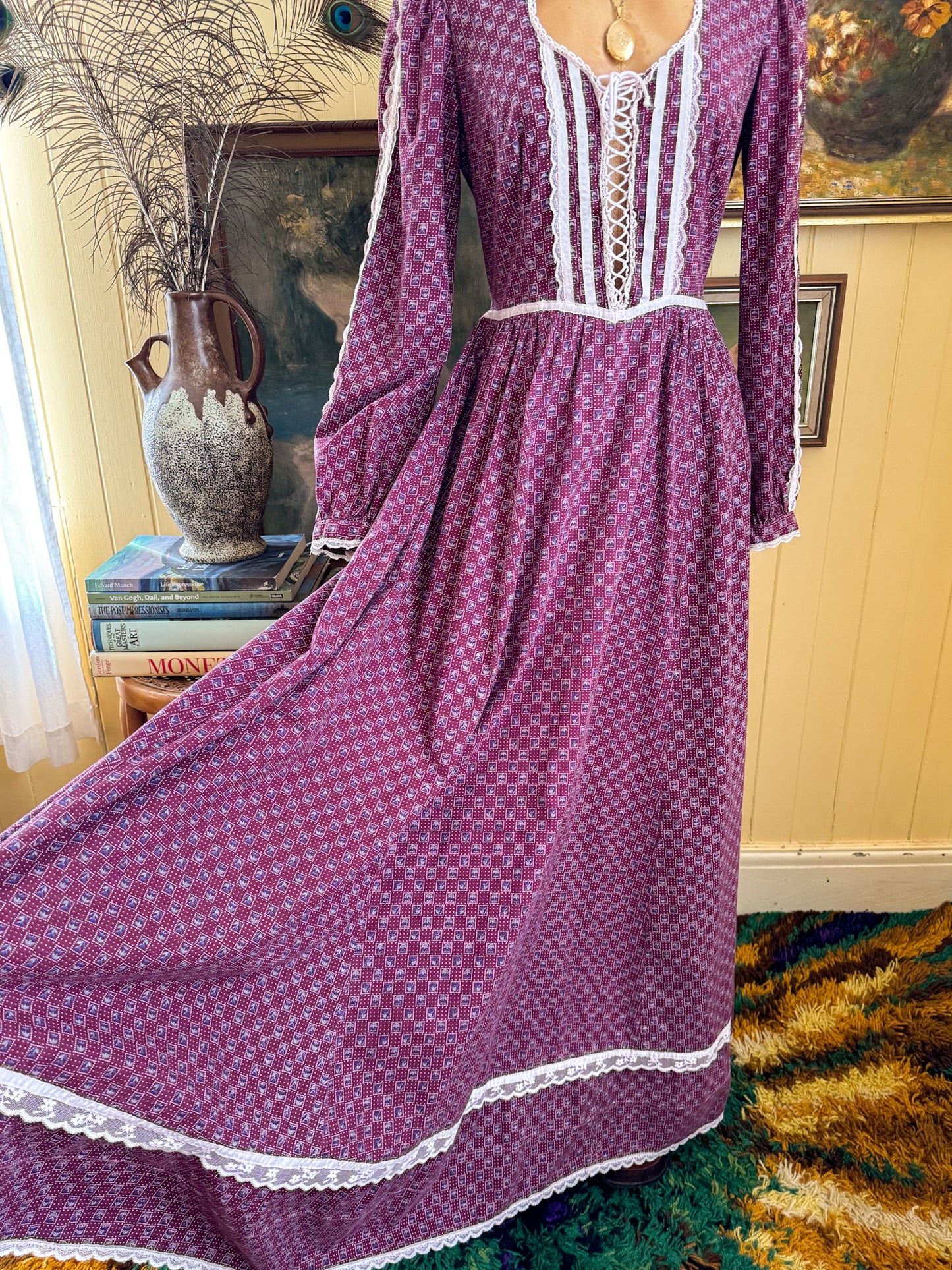 VINTAGE 1970S GUNNE SAX COTTON FLORAL PRINT LACE PRAIRIE MAXI DRESS S/M