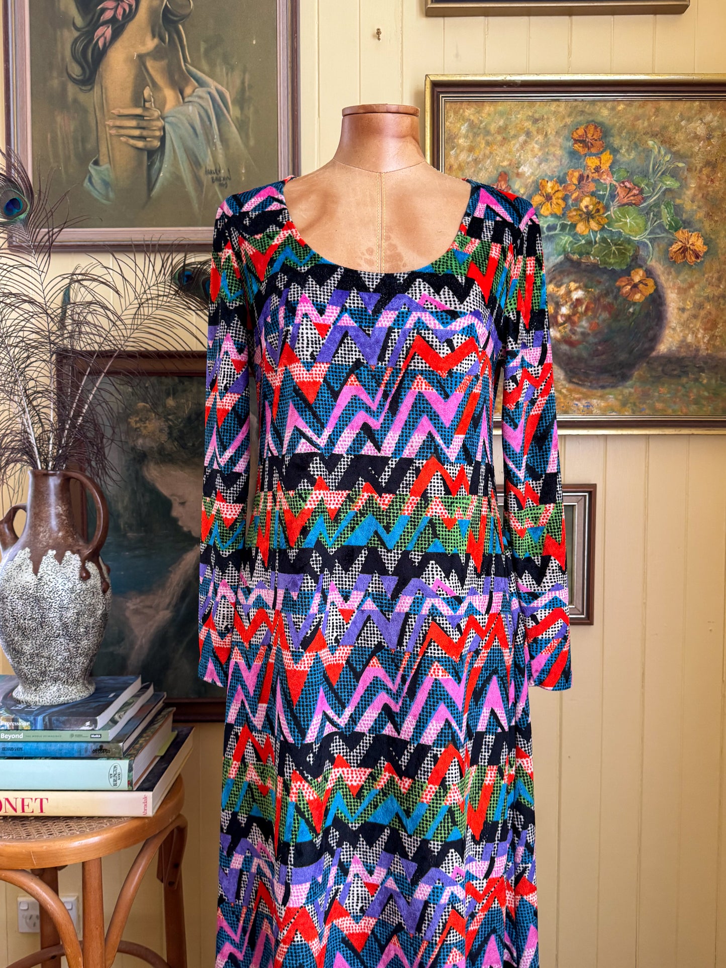VINTAGE 1990S MAGLIA VELVET RAINBOW CHEVRON MAXI DRESS M/L