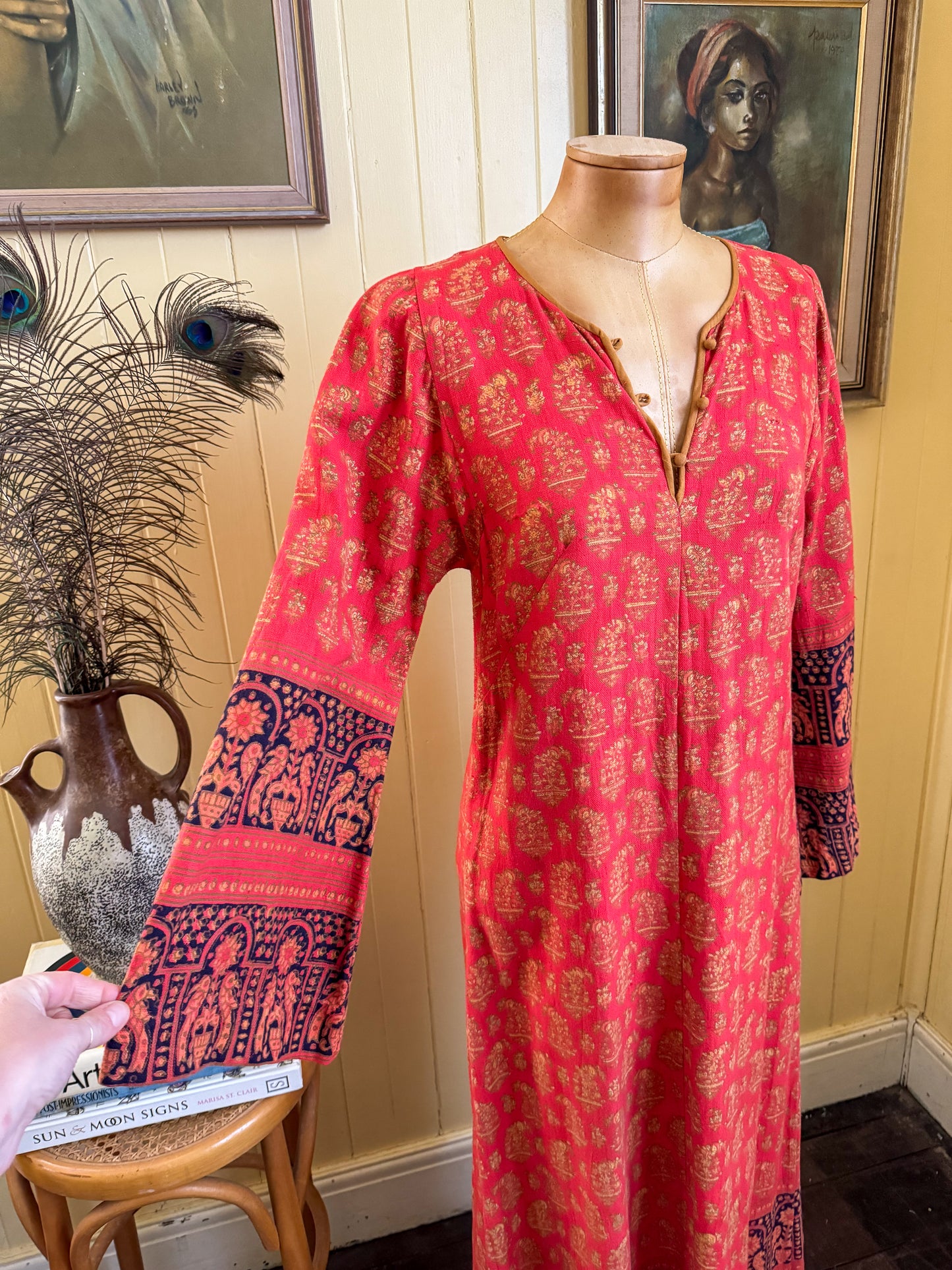 VINTAGE 1970S ANOKHI INDIAN COTTON BLOCK PRINTED MAXI KAFTAN S/M