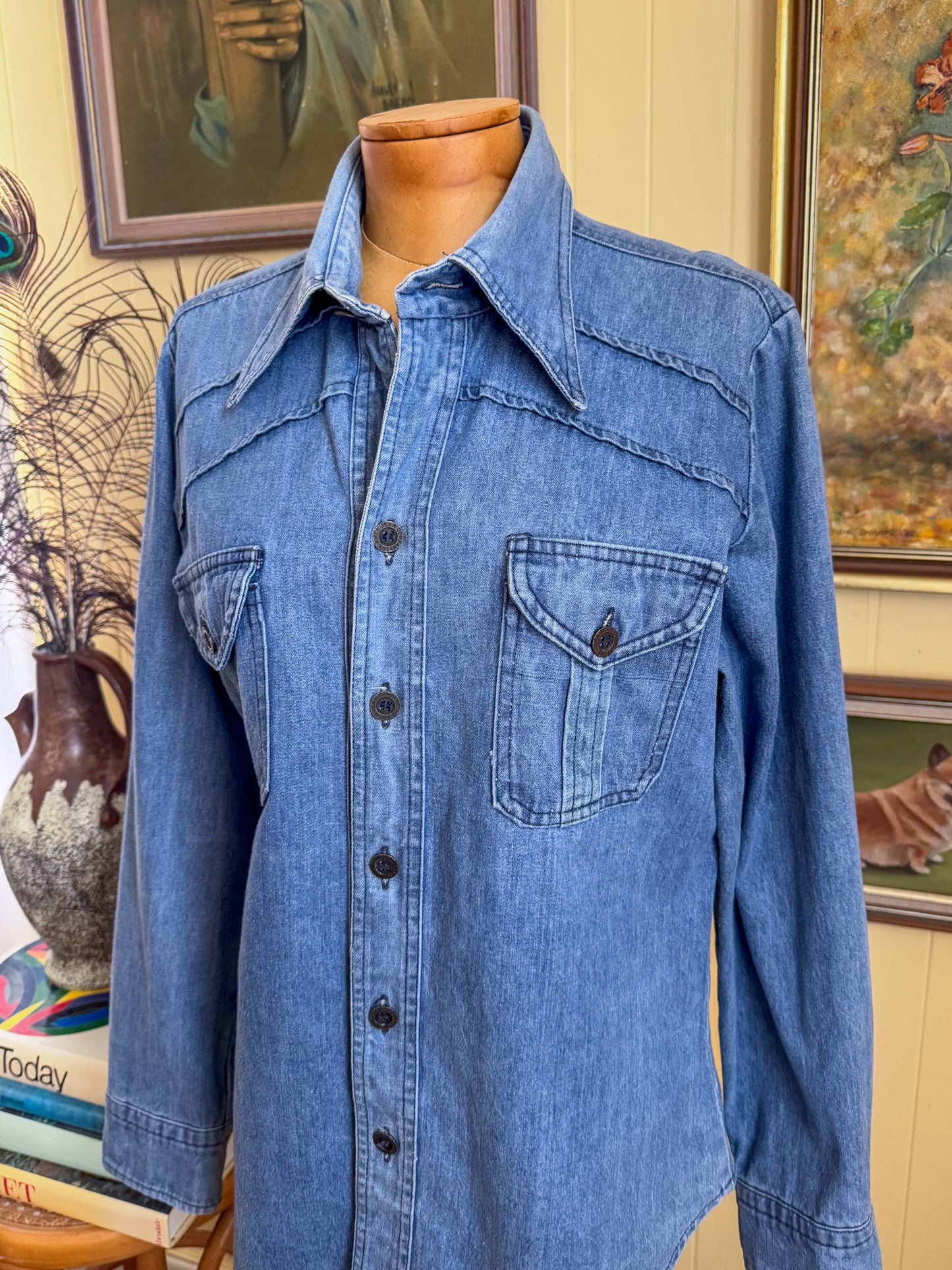 VINTAGE 1970S AMCO COTTON DENIM PATCH POCKET SHIRT JACKET M