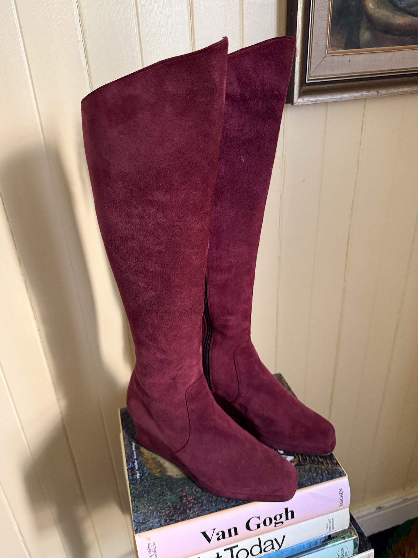 VINTAGE 1990S RARE BIBA PLUM SUEDE LEATHER KNEE HIGH WEDGE BOOTS 37/6