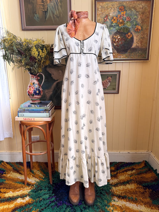 VINTAGE 1970S ENGLISH RICHARD SHOPS FLUTTER SLEEVE PRINT PRAIRIE MAXI DRESS S/M