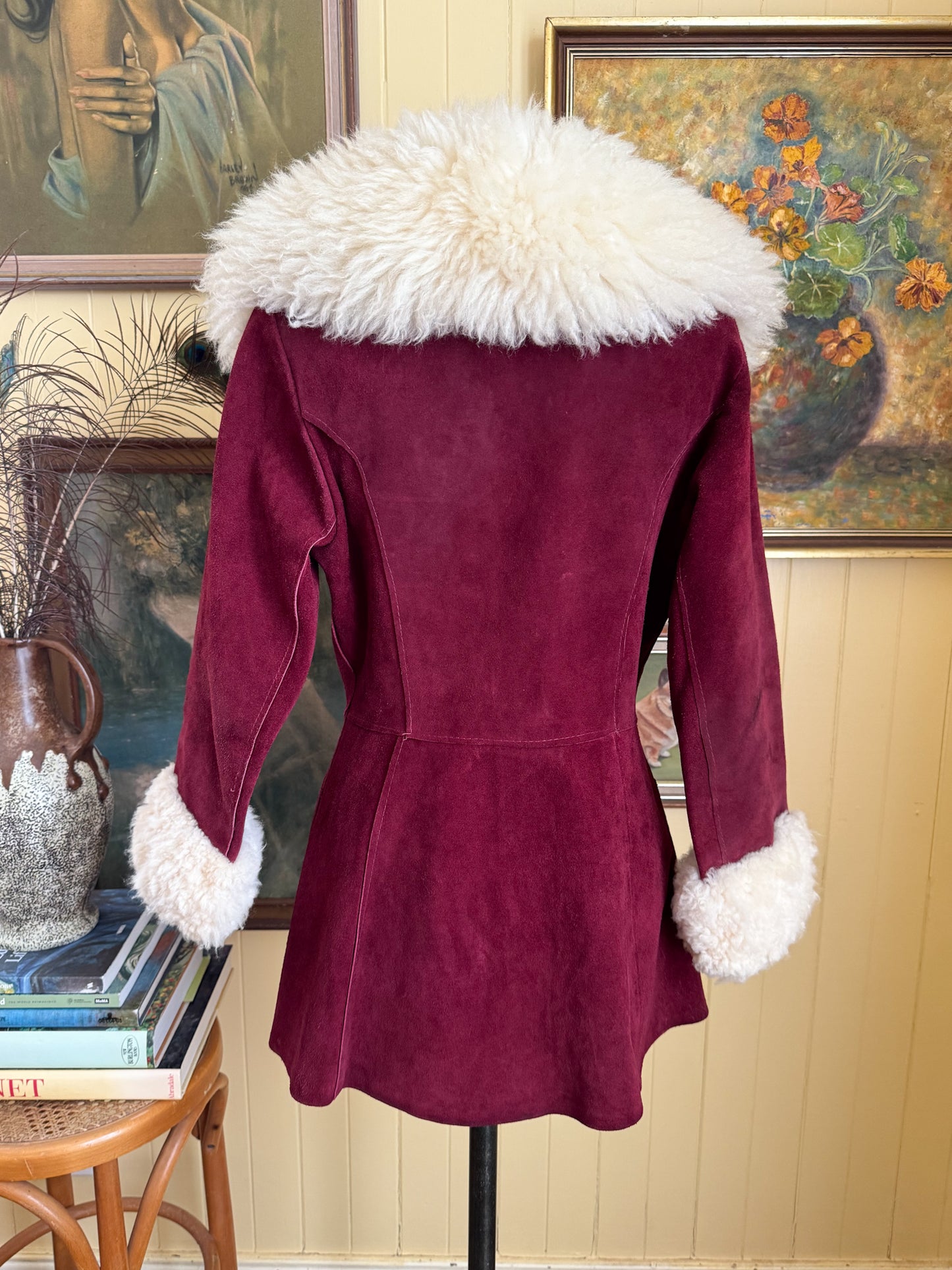 VINTAGE 1970S PLUM SUEDE LEATHER FLUFFY SHEARLING PENNY LANE JACKET S/M