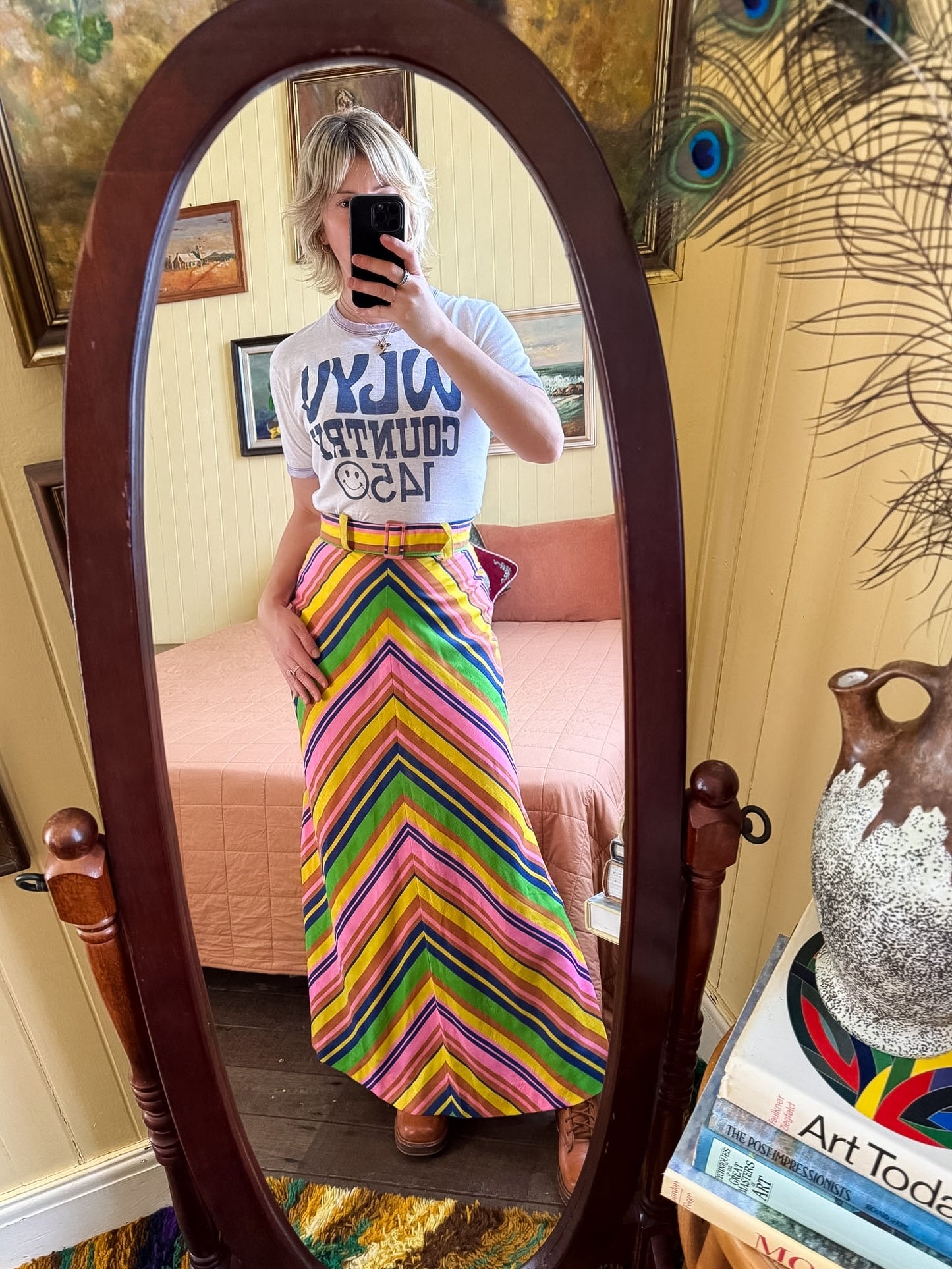 VINTAGE 1970S LONDON BOUTIQUE COTTON RAINBOW STRIPED BELTED MAXI SKIRT S/M