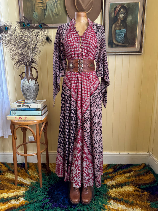 VINTAGE 1960S INDIA IMPORTS COTTON GAUZE BLOCK PRINT MAXI KAFTAN DRESS ONE SIZE