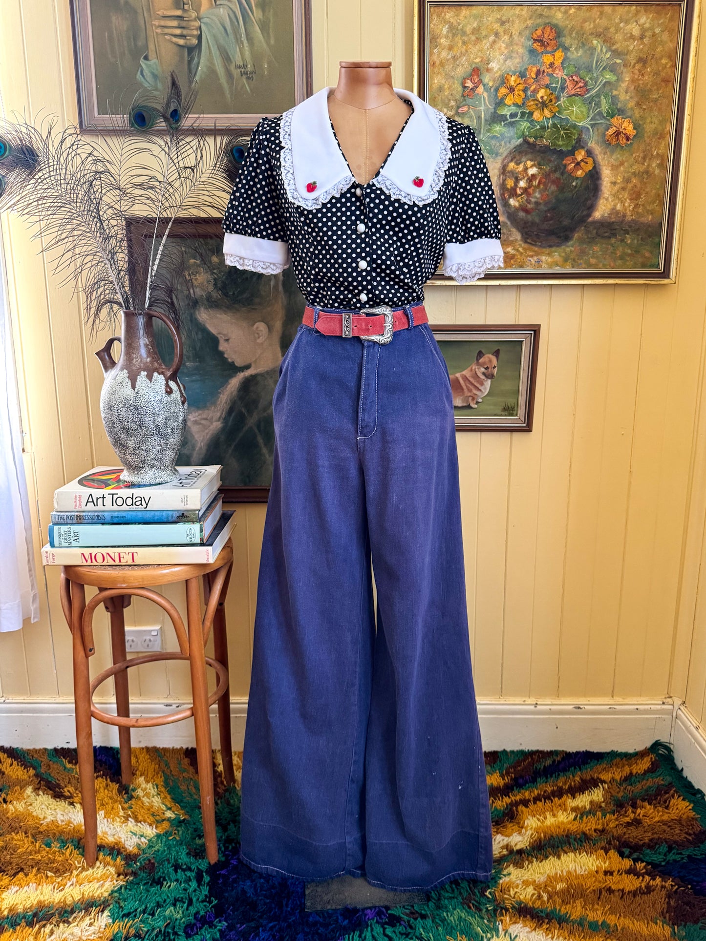 VINTAGE 1970S COTTON WIDE LEG HIGH WAIST DENIM SUPER FLARES JEANS M