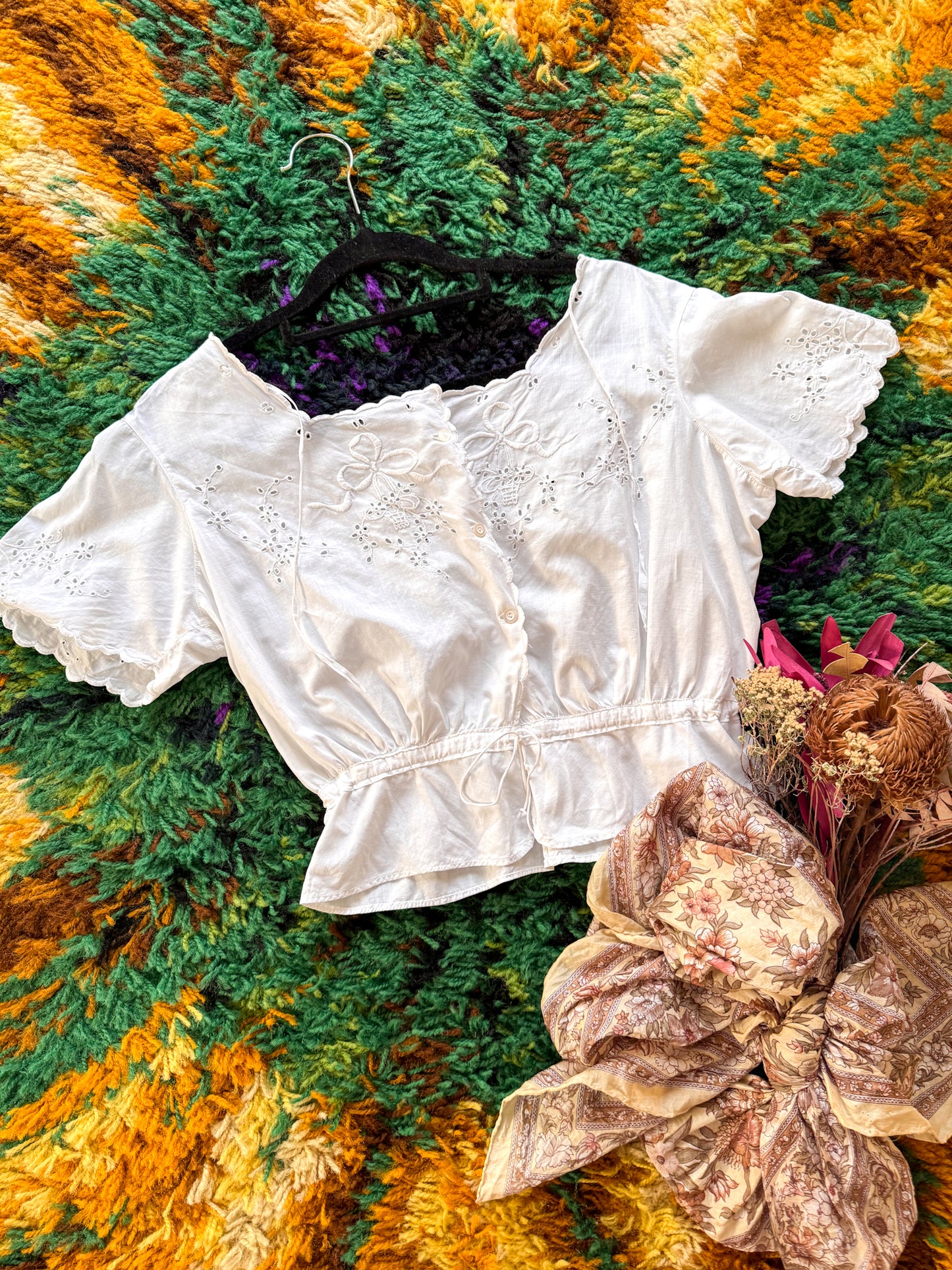 ANTIQUE EDWARDIAN COTTON MUSLIN EMBROIDERED CORSET COVER BLOUSE XS
