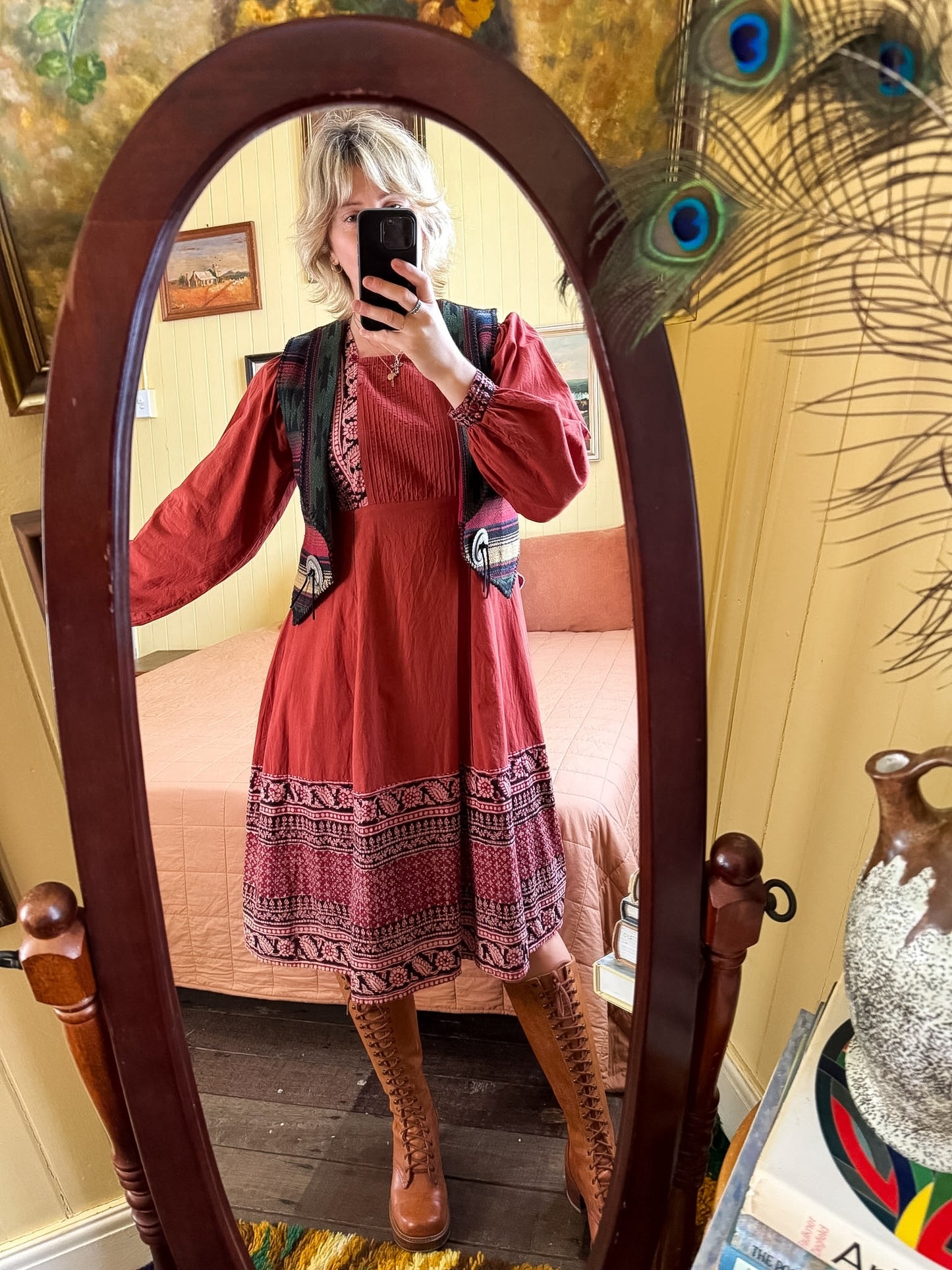 VINTAGE 1970S IMPORTIQUE INDIAN COTTON BLOCK PRINT MIDI SMOCK DRESS M