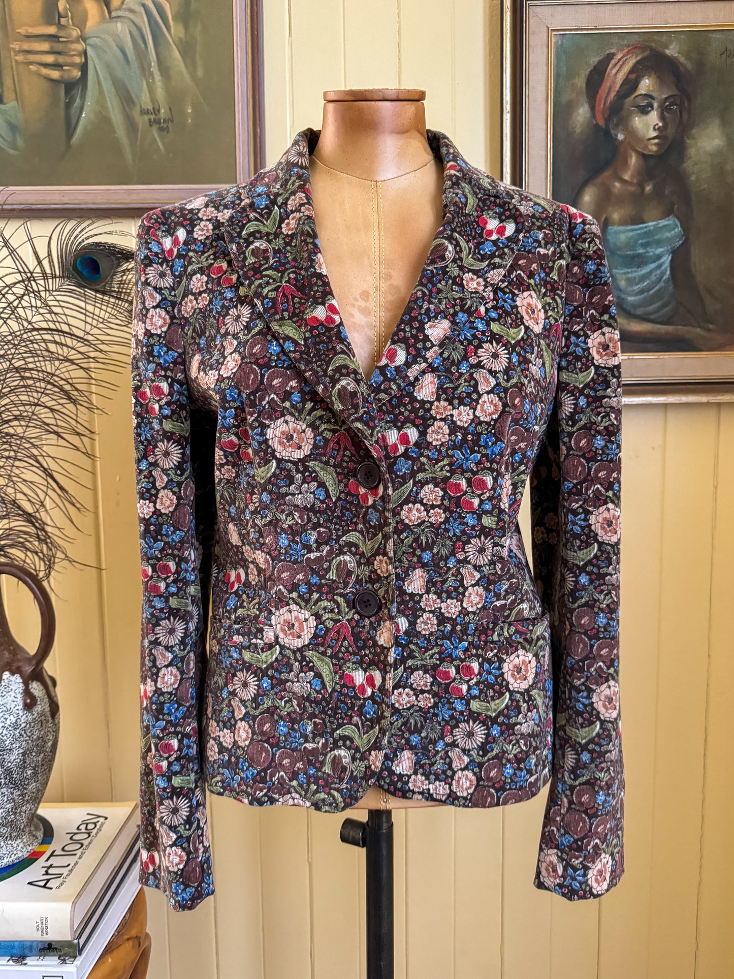 VINTAGE 1990S MOSCHINO CHEAP AND CHIC FLORAL PRINT CORDUROY BLAZER JACKET S/M