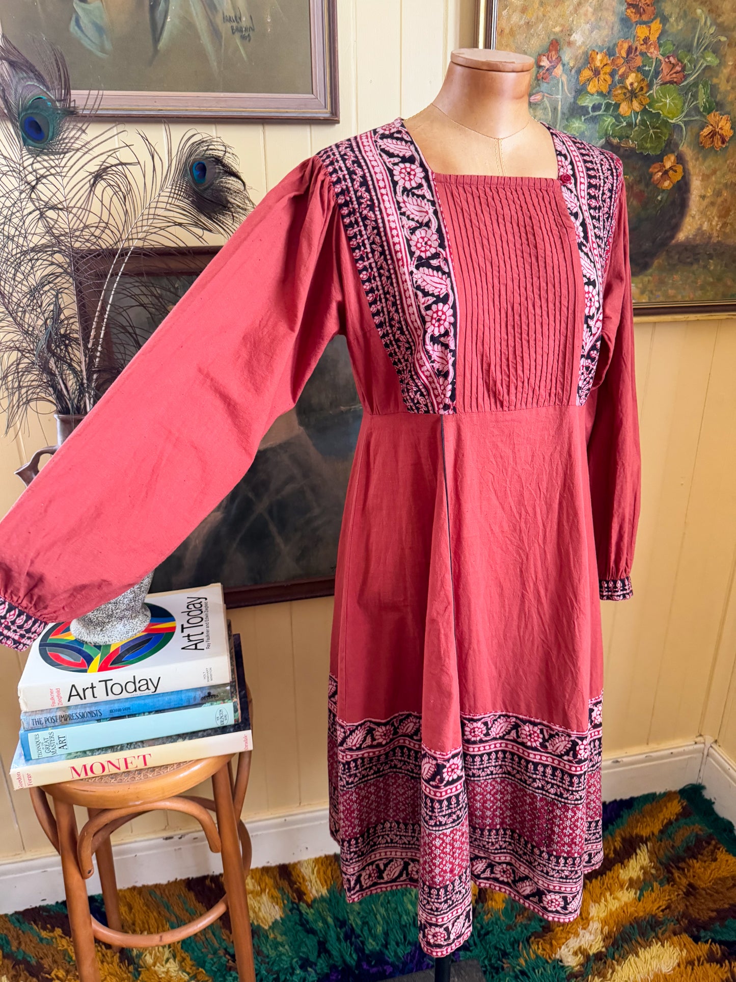 VINTAGE 1970S IMPORTIQUE INDIAN COTTON BLOCK PRINT MIDI SMOCK DRESS M