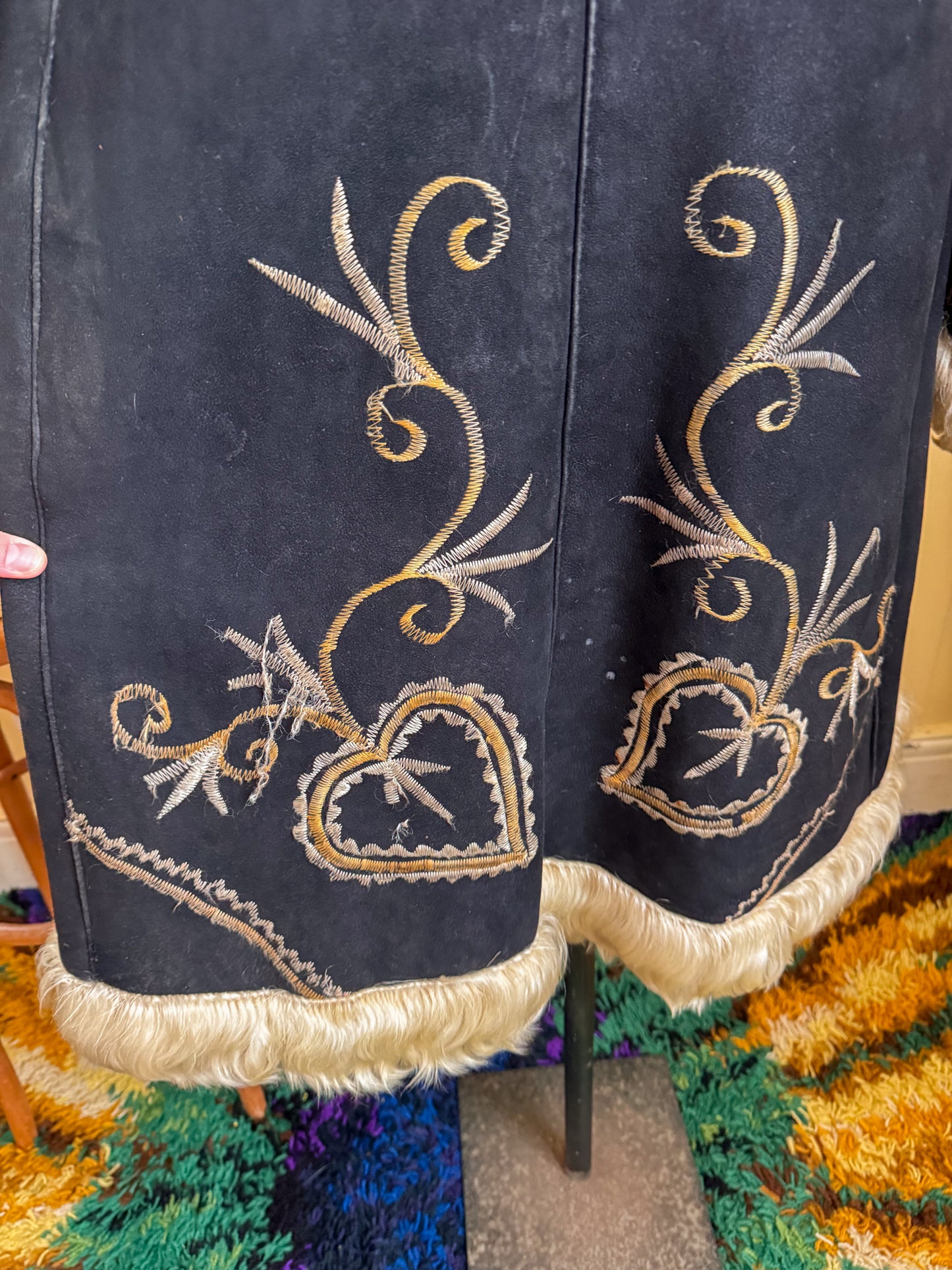 VINTAGE 1960S RARE AFGHAN SUEDE LEATHER MONGOLIAN WOOL PENNY LANE EMBROIDERED LONG COAT S
