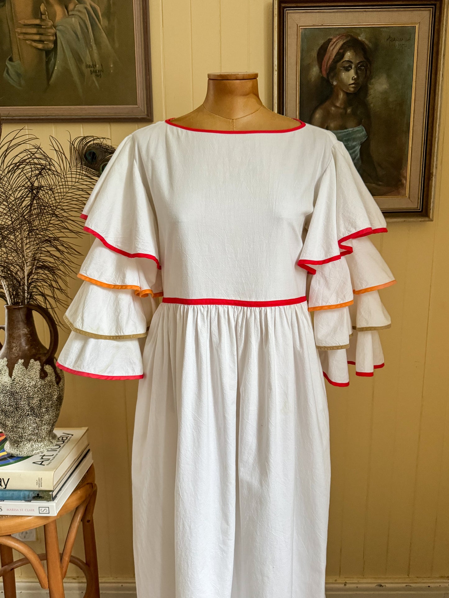 VINTAGE 1970S PATTI CAPPALLI COTTON RUFFLED SLEEVE PRAIRIE MAXI DRESS S