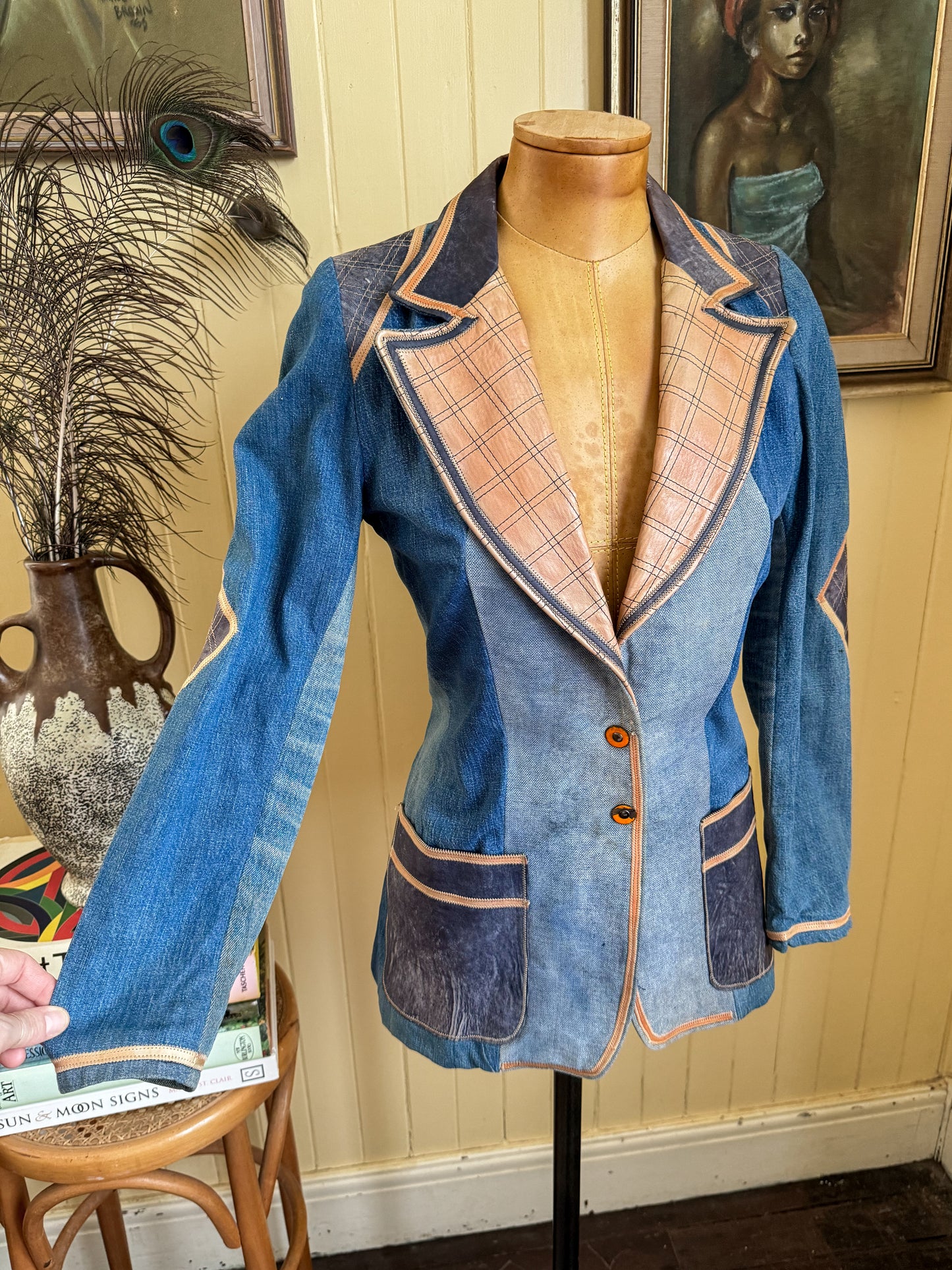 VINTAGE 1970S MIUZA FRANCE DENIM AND LEATHER BLAZER JACKET XS