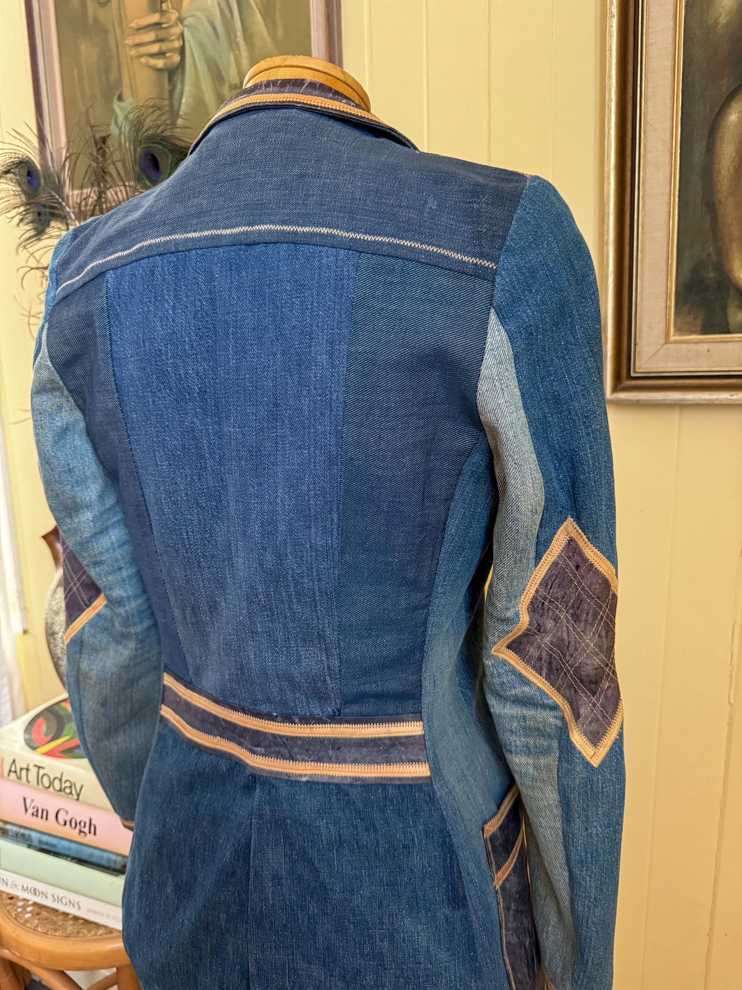 VINTAGE 1970S MIUZA FRANCE DENIM AND LEATHER BLAZER JACKET XS