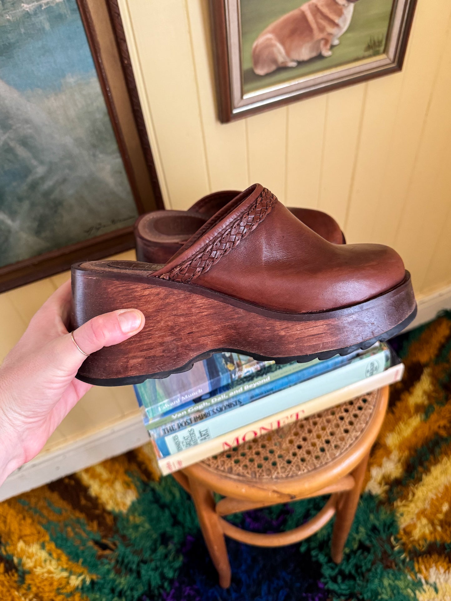 VINTAGE 1990S THE KICK LEATHER WOODEN PLATFORM CLOGS WEDGES 9.5/40.5