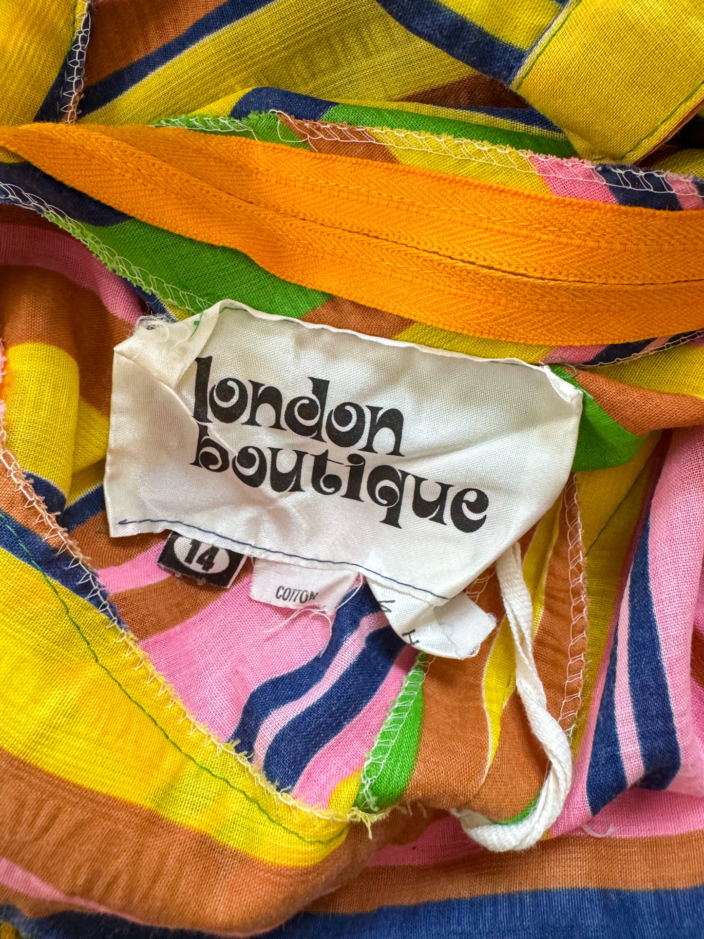 VINTAGE 1970S LONDON BOUTIQUE COTTON RAINBOW STRIPED BELTED MAXI SKIRT S/M