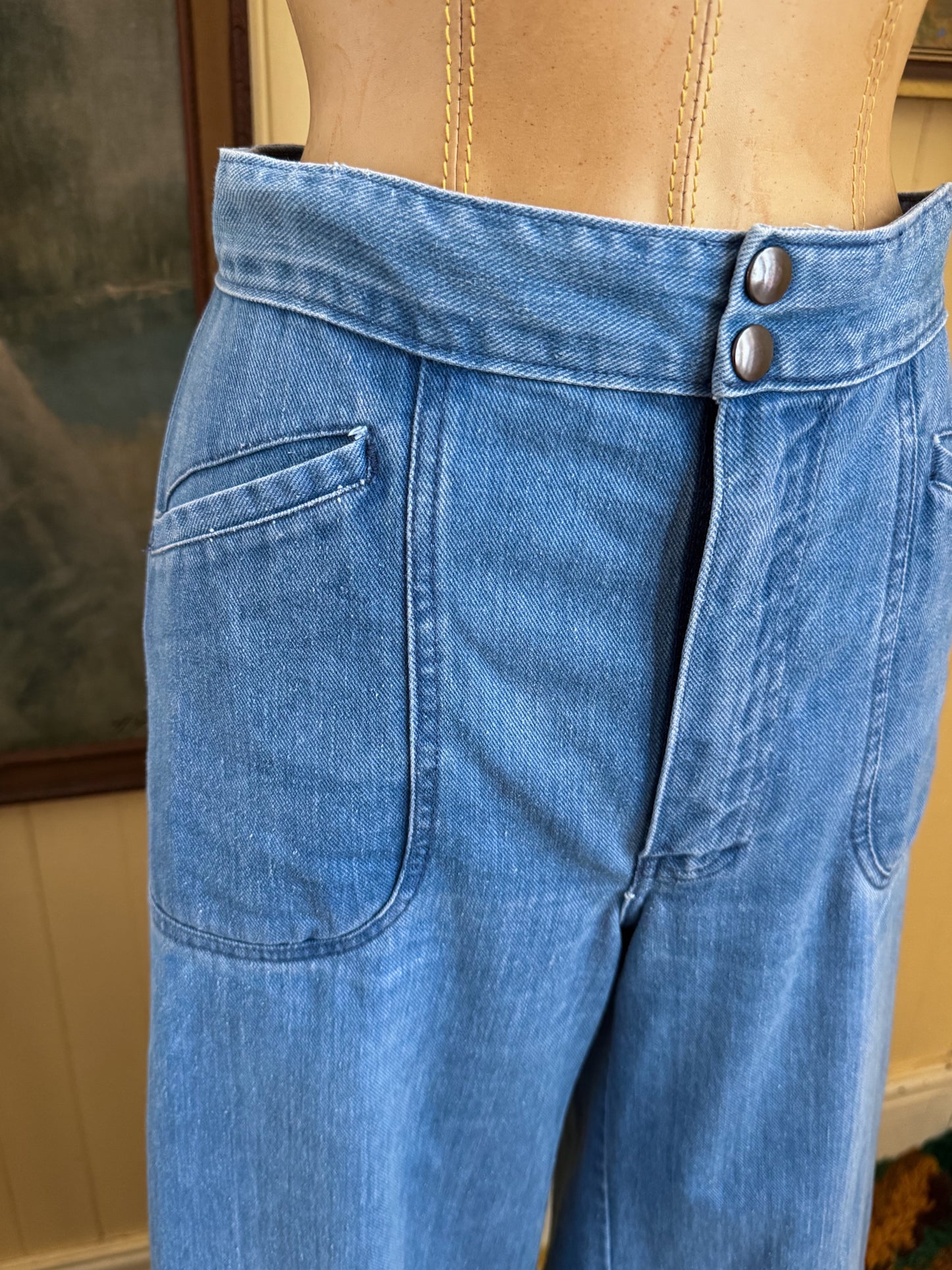 VINTAGE 1970S STATUS WIDE LEG HIGH WAIST DENIM JEANS S/M