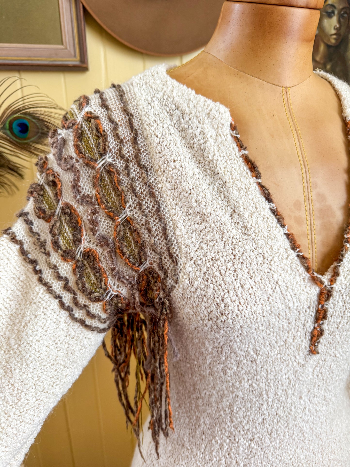 VINTAGE 1980S CROCHETTA OPEN WEAVE BOUCLE FRINGE KNIT MIDI DRESS S