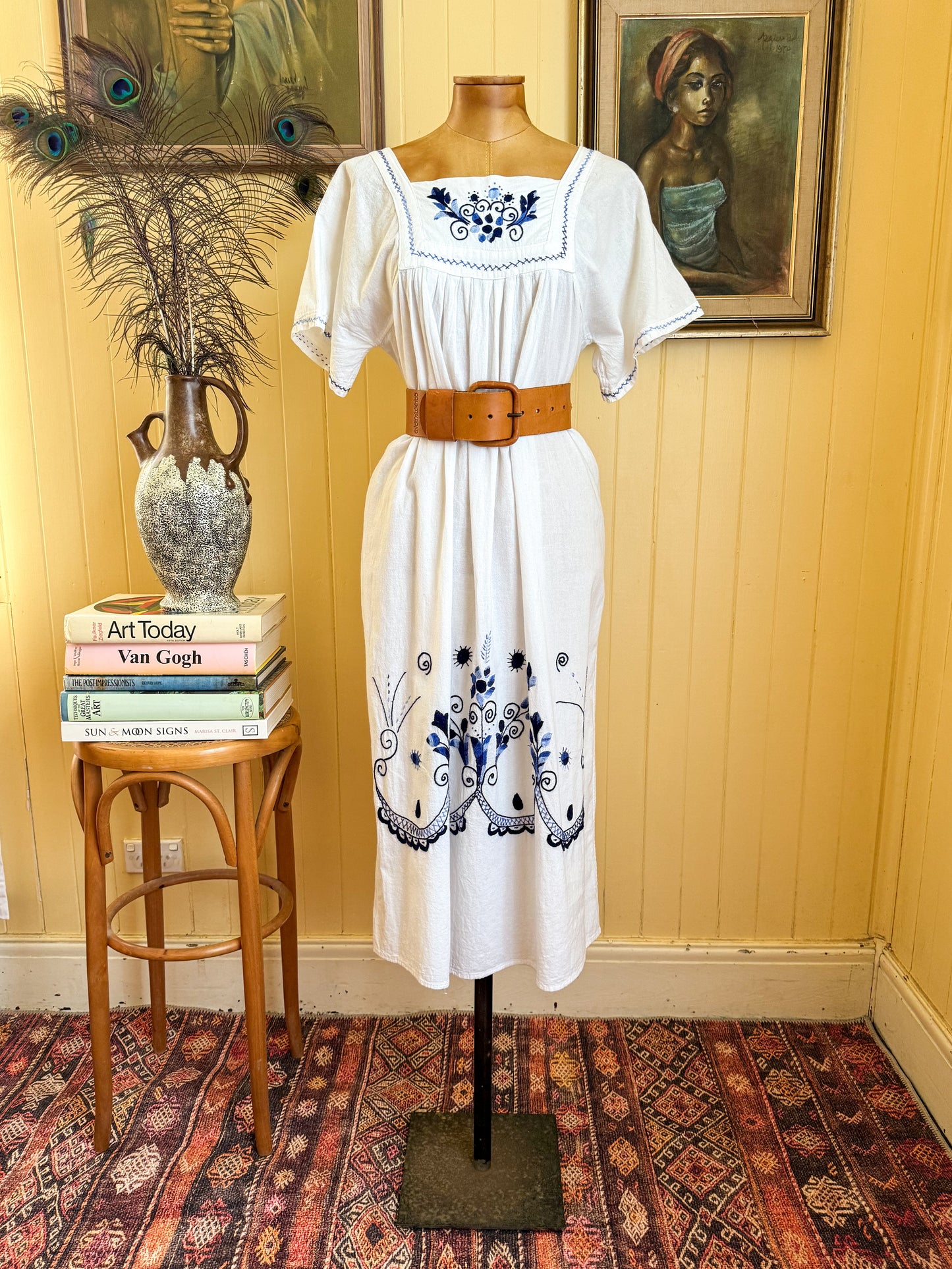 VINTAGE 1980S COTTON EMBROIDERED MIDI PEASANT DRESS M