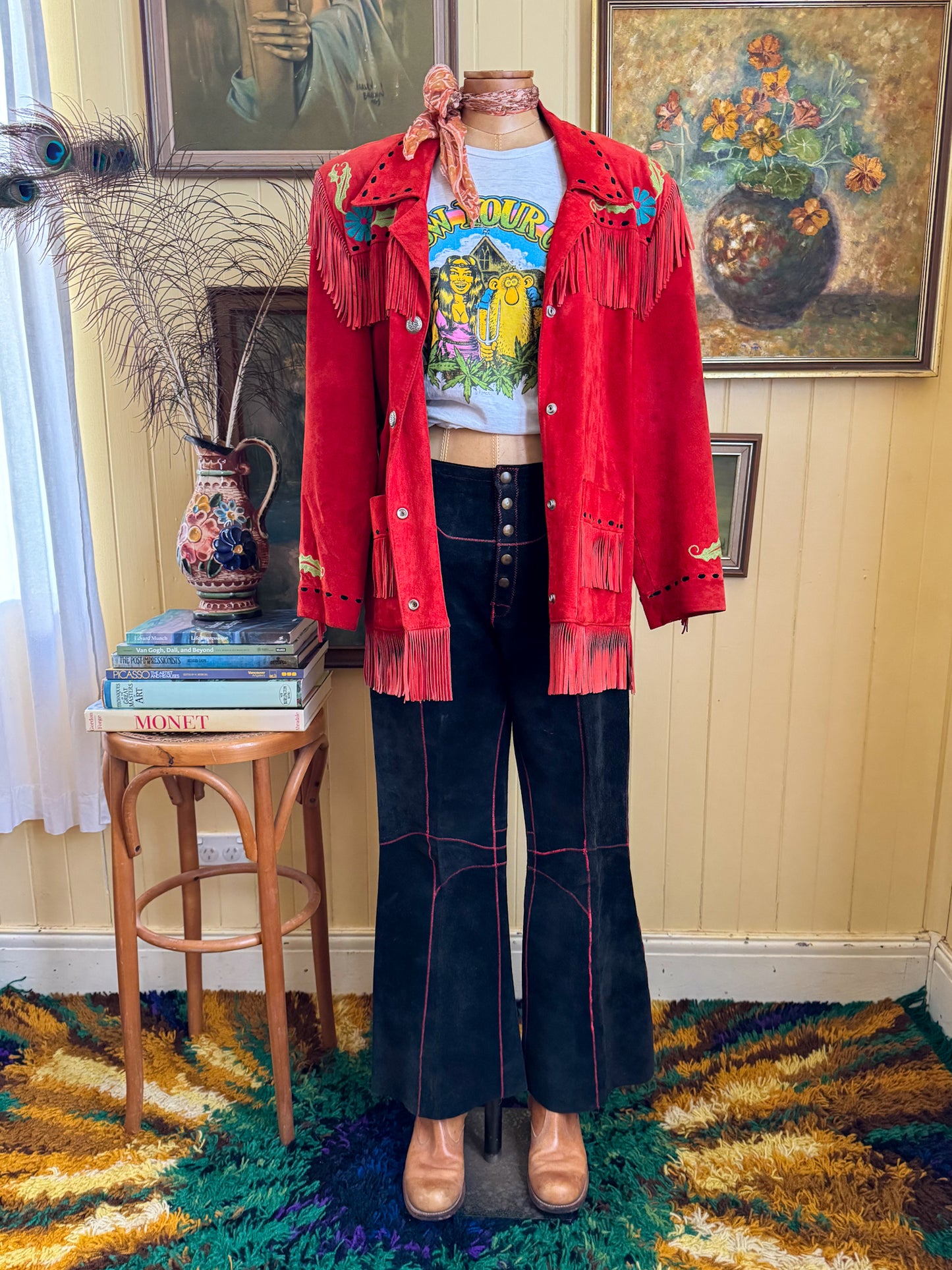 VINTAGE RARE CHAR SANTA FE RED SUEDE FRINGED EMBROIDERED WESTERN JACKET M