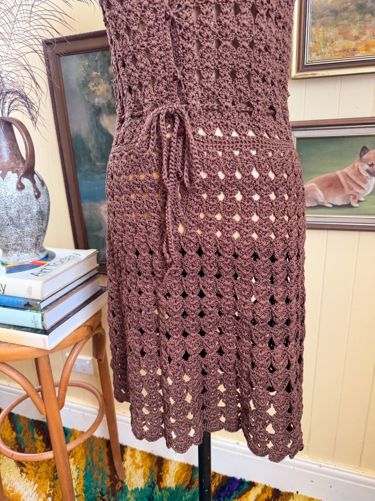 VINTAGE 1970S HANDMADE COCOA COTTON CROCHET BUTTON THROUGH MIDI DRESS S/M