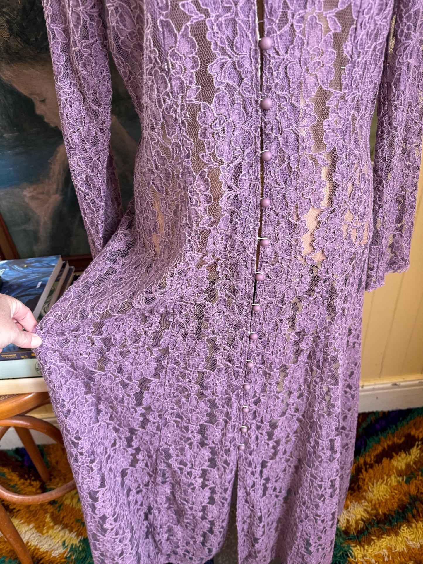 VINTAGE 1990S MAUVE LACE LONG SLEEVE MAXI DUSTER DRESS M/L