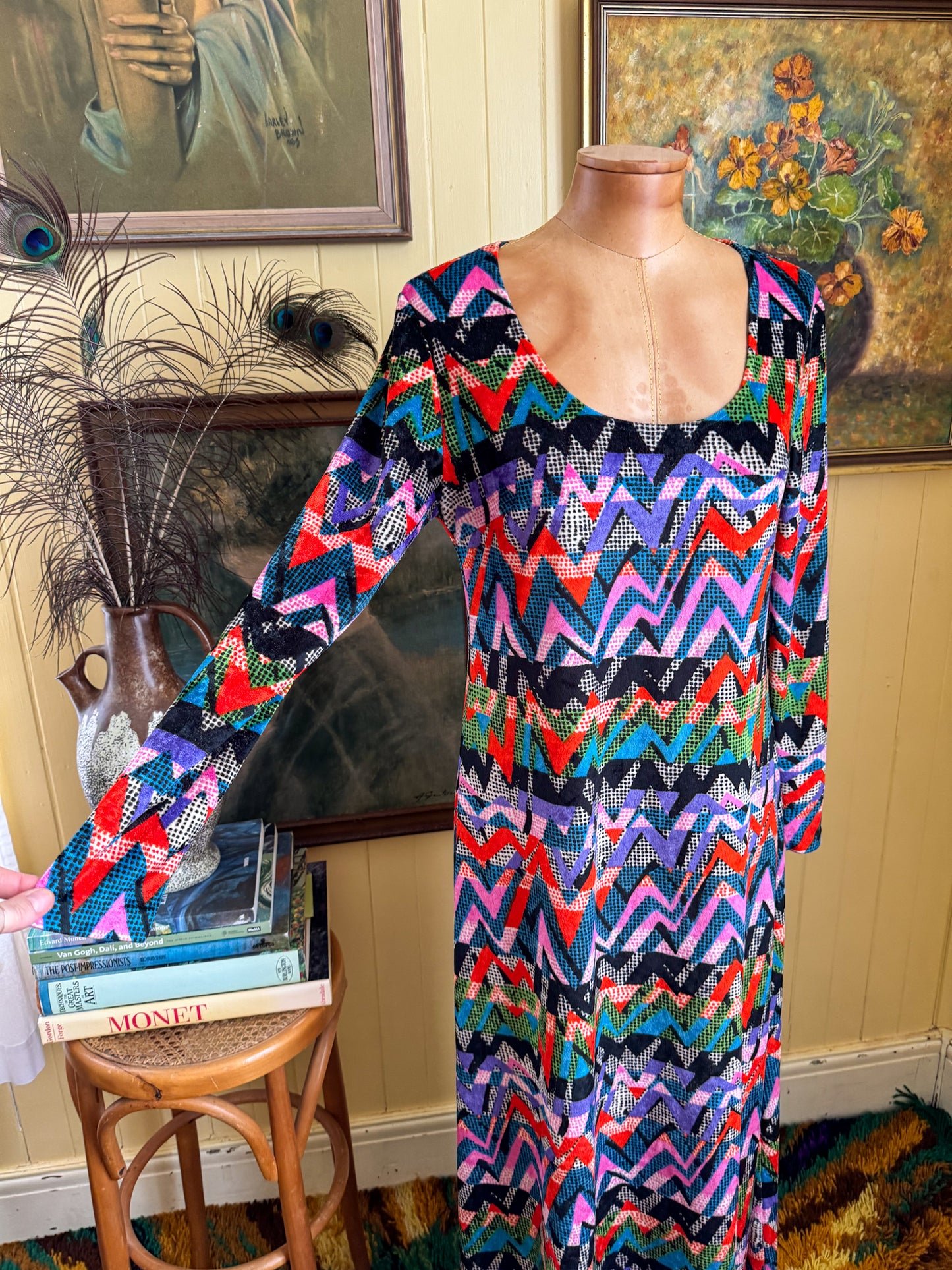 VINTAGE 1990S MAGLIA VELVET RAINBOW CHEVRON MAXI DRESS M/L