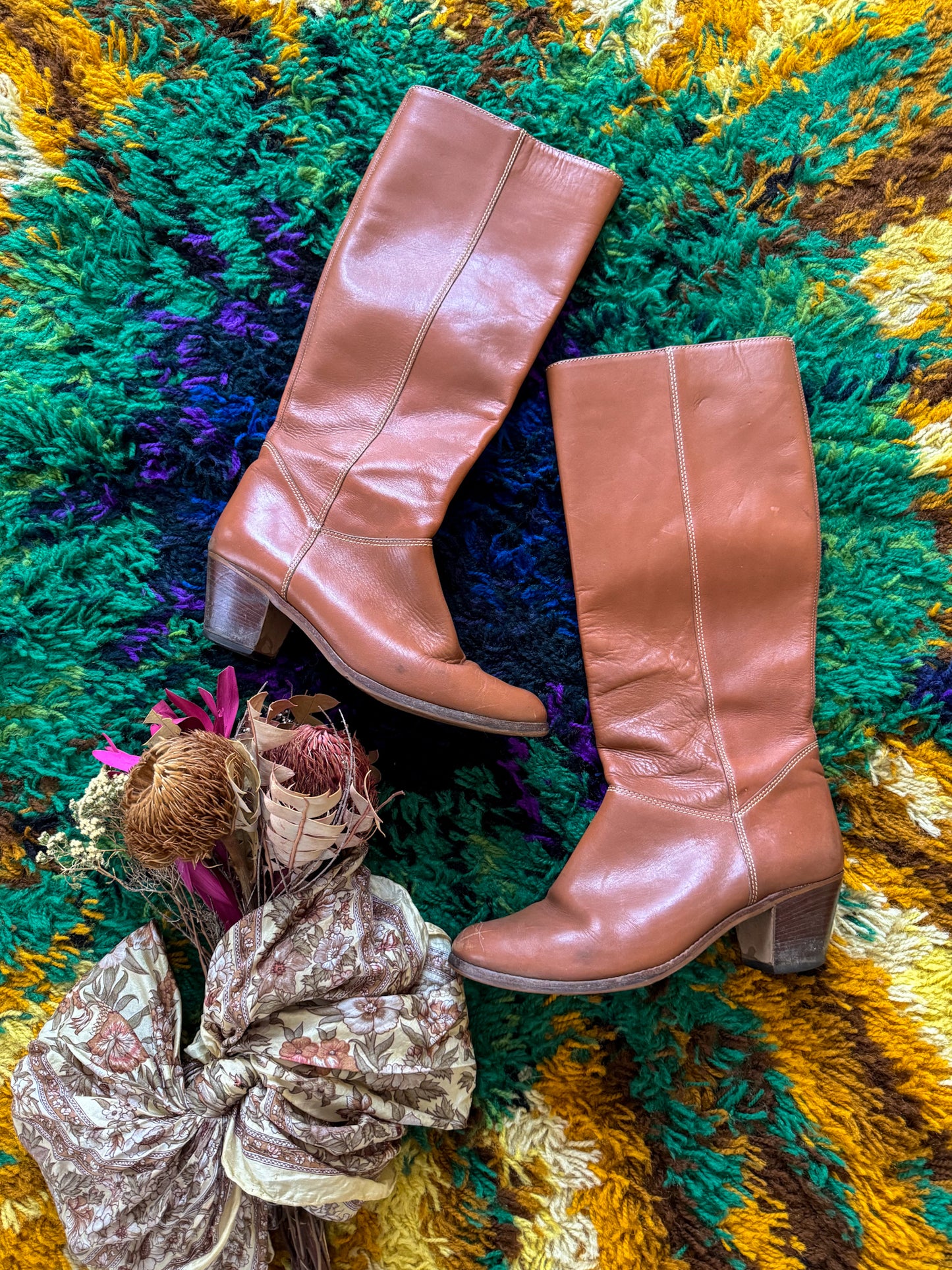 VINTAGE 1970S BRAZILIAN CARAMEL TAN LEATHER KNEE HIGH BOOTS 9/40