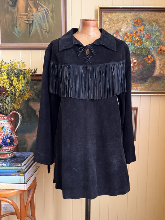 VINTAGE 1970S AUSTRALIAN BOJO BLACK SUEDE LEATHER FRINGED WESTERN TUNIC SHIRT M/L