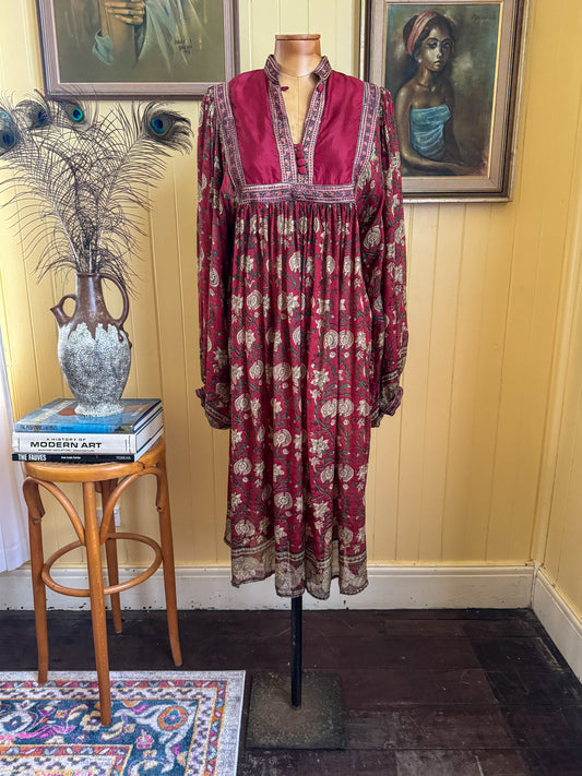 VINTAGE 1970S RARE PHOOL INDIAN PURE SILK HAND BLOCK PRINTED MIDI DRESS S/M