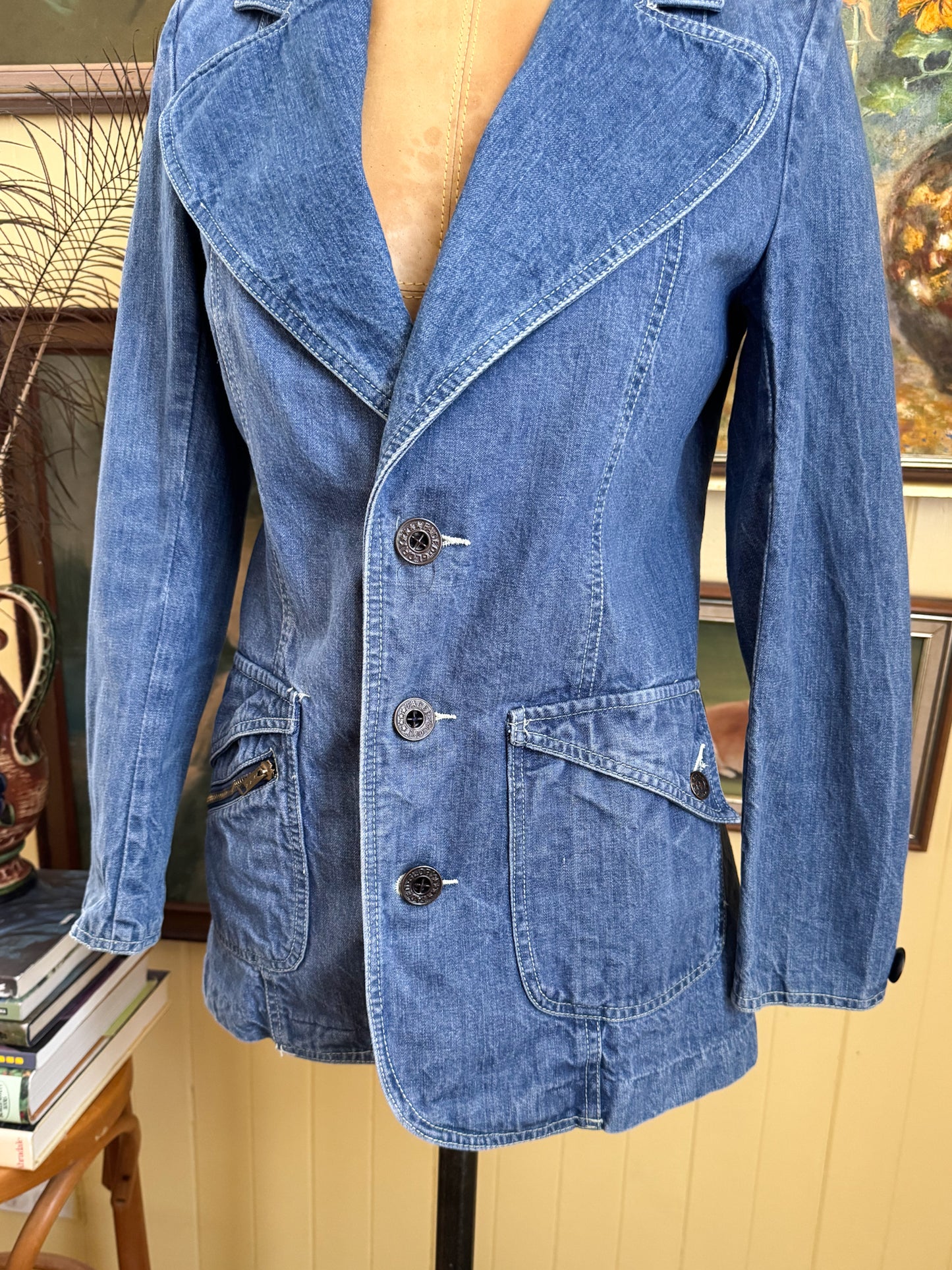 VINTAGE 1970S FADED GLORY COTTON DENIM FITTED BLAZER JACKET XS/S