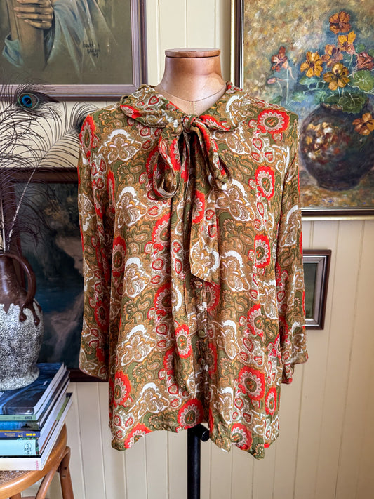 PRELOVED GOLDEN BROWN THE LABEL PAISLEY SILK BUTTON THROUGH BLOUSE M