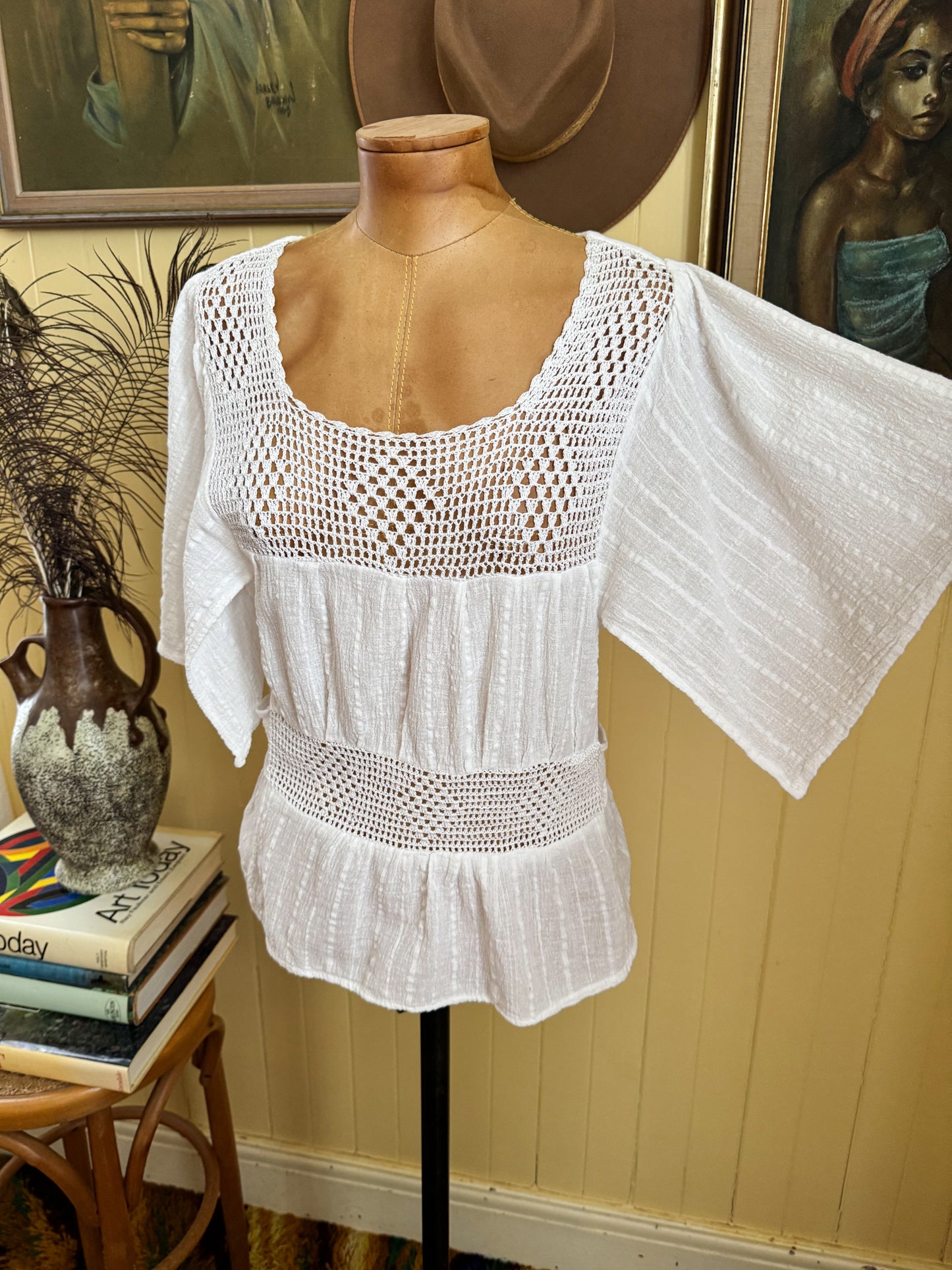 VINTAGE 1970S SHARADE FOR KATIES COTTON CHEESECLOTH CROCHET BLOUSE S/M