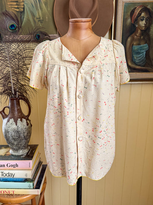 VINTAGE 1990S JAPANESE SILK BUTTON THROUGH PRINTED BLOUSE S/M
