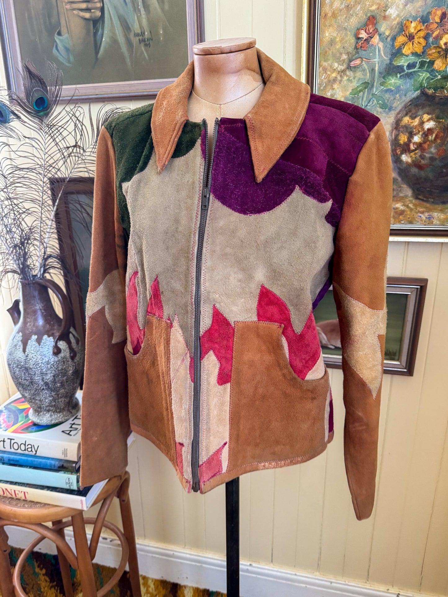 VINTAGE 1970S RARE BURRAY OLSON HAND PAINTED SUN PATCHWORK SUEDE LEATHER JACKET M
