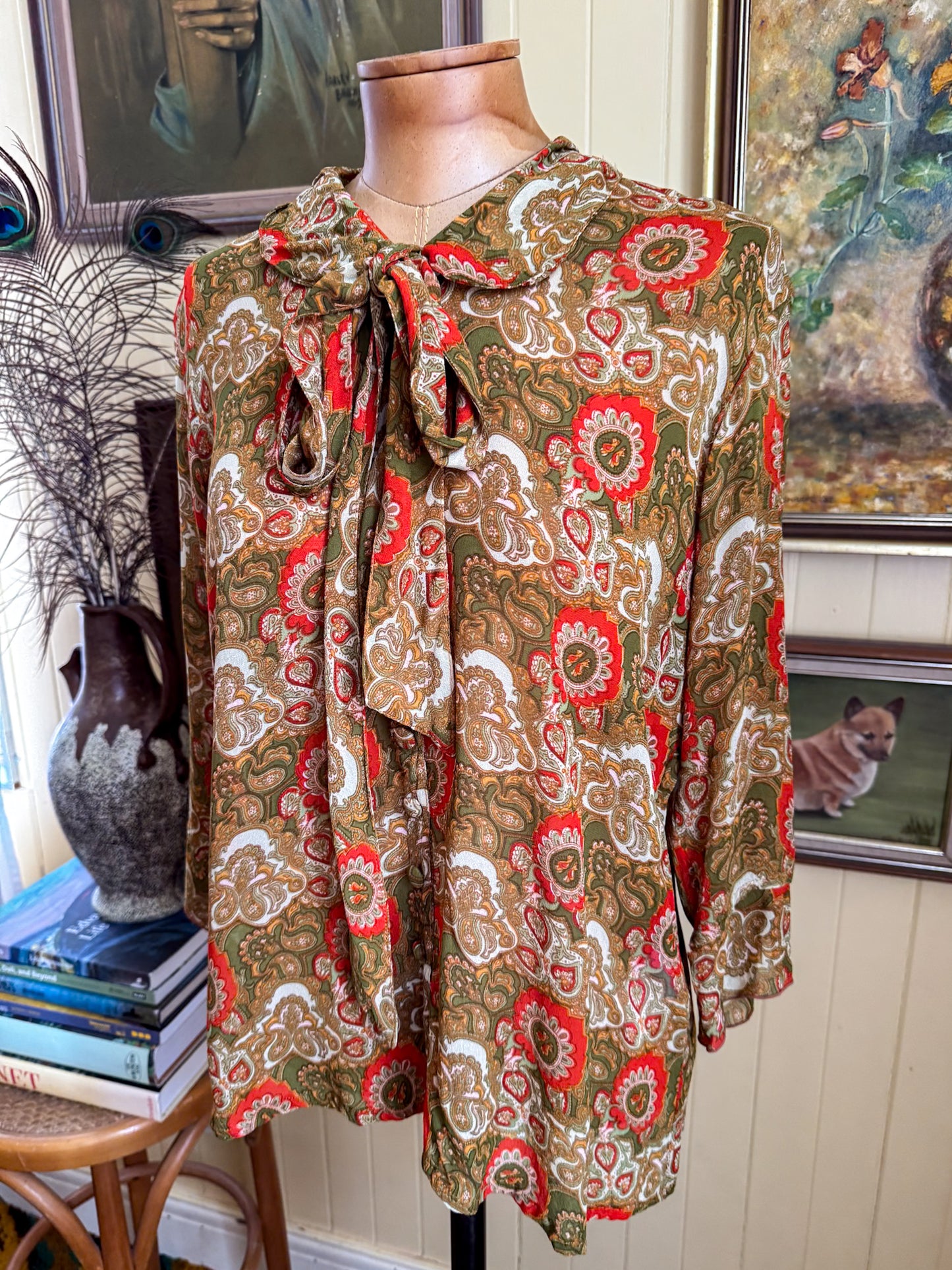 PRELOVED GOLDEN BROWN THE LABEL PAISLEY SILK BUTTON THROUGH BLOUSE M